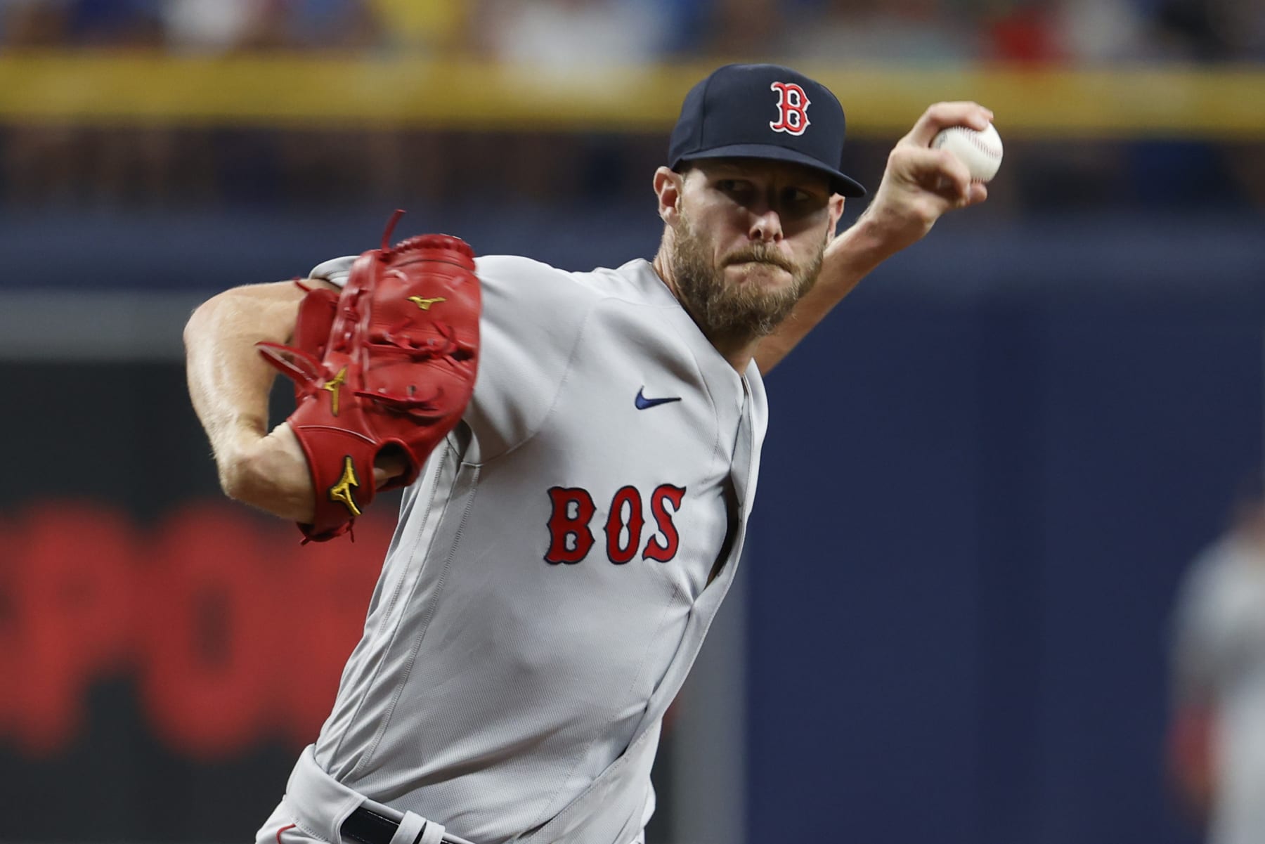 Boston Red Sox starting pitcher Chris Sale throws to Tampa Bay Rays batter during a baseball game Tuesday July 12, 2022, in St. Petersburg, Fla. (AP Photo/Scott Audette)