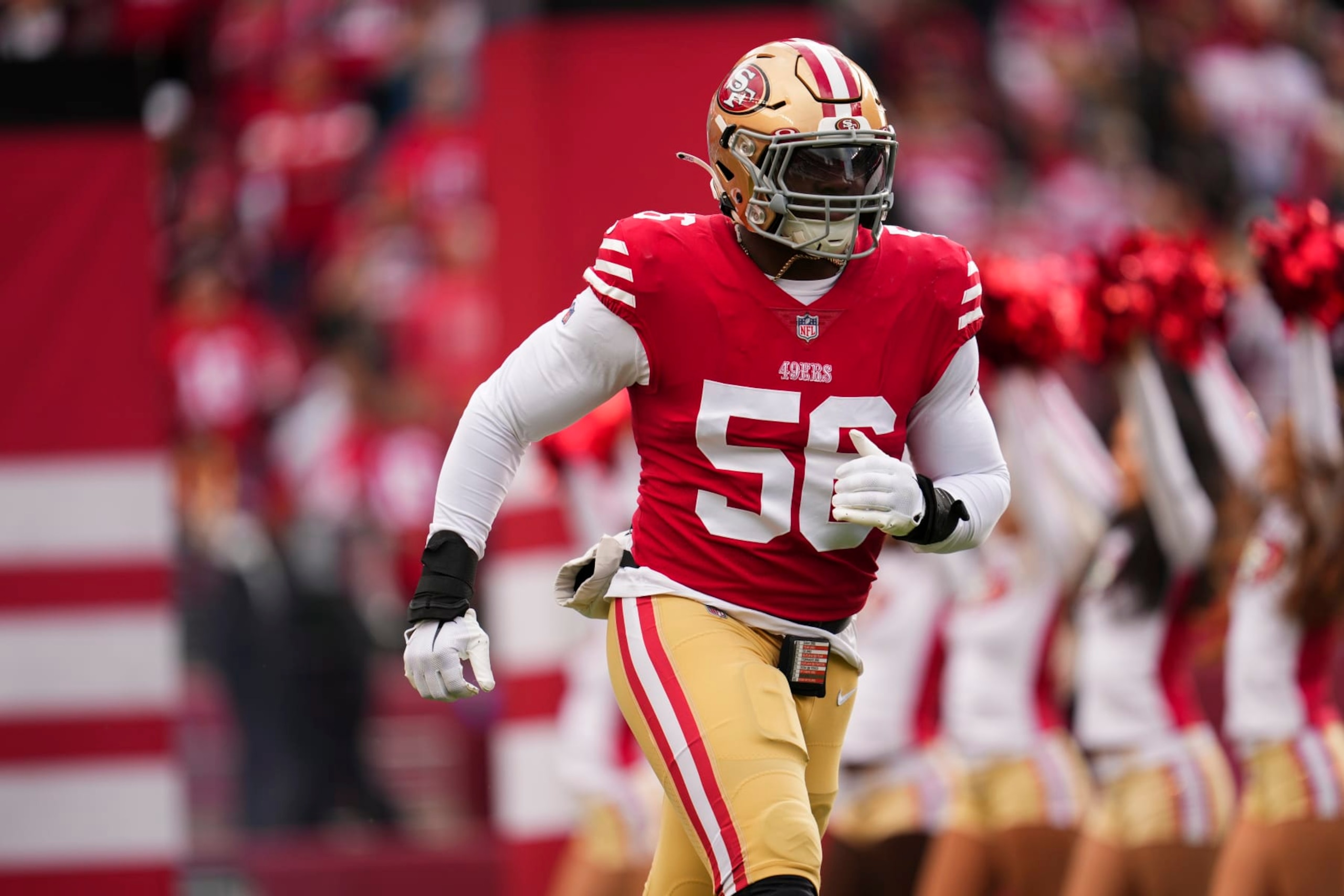 SANTA CLARA, CA - DECEMBER 11: Samson Ebukam #56 of the San Francisco 49ers runs out during introductions against the Tampa Bay Buccaneers at Levi's Stadium on December 11, 2022 in Santa Clara, California. (Photo by Cooper Neill/Getty Images) SANTA CLARA, CA - DECEMBER 11: Samson Ebukam #56 of the San Francisco 49ers runs out during introductions against the Tampa Bay Buccaneers at Levi's Stadium on December 11, 2022 in Santa Clara, California. (Photo by Cooper Neill/Getty Images)