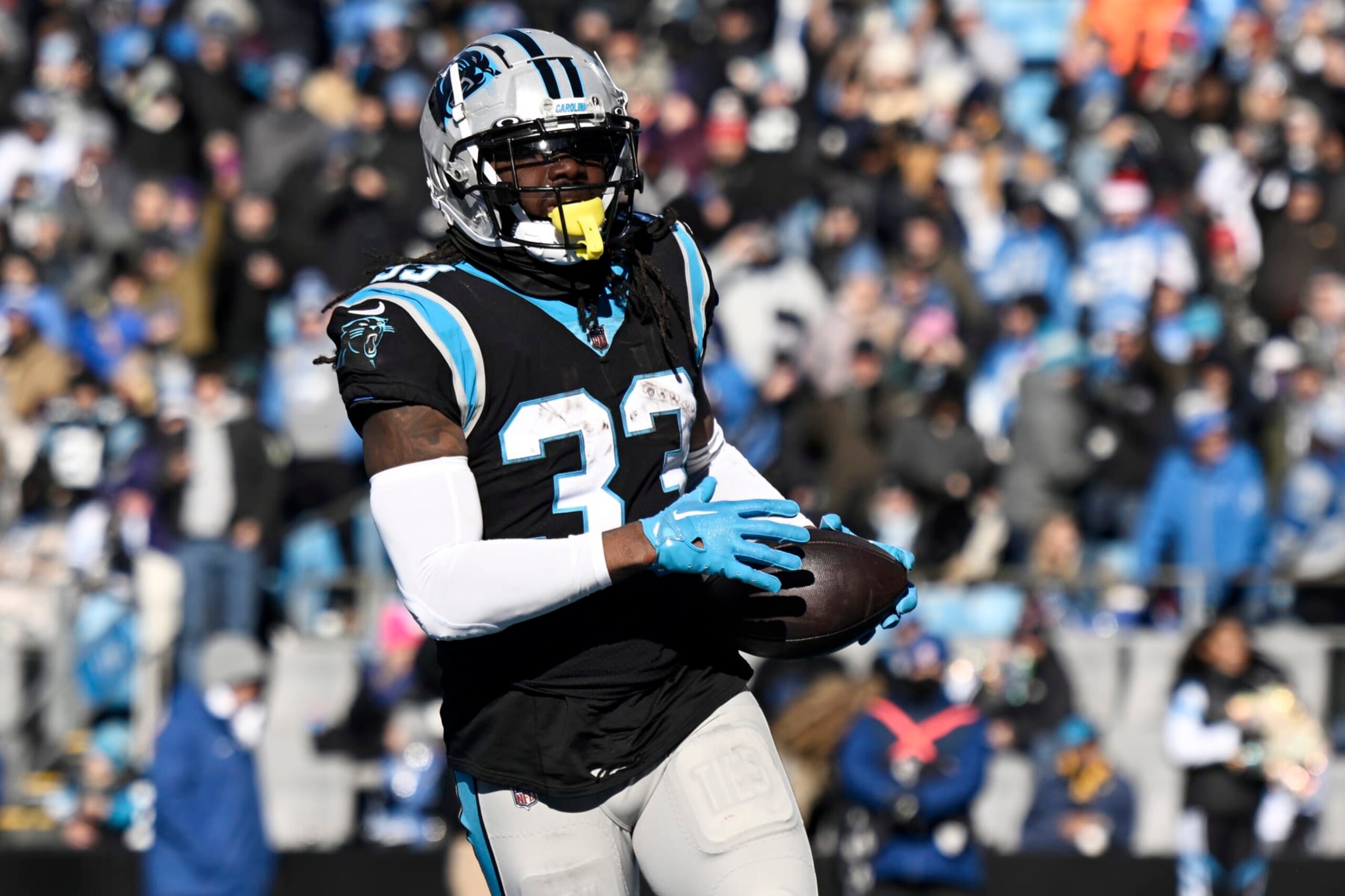 CHARLOTTE, NORTH CAROLINA - DECEMBER 24: D'Onta Foreman #33 of the Carolina Panthers scores a touchdown against the Detroit Lions in the second quarter at Bank of America Stadium on December 24, 2022 in Charlotte, North Carolina. (Photo by Eakin Howard/Getty Images) CHARLOTTE, NORTH CAROLINA - DECEMBER 24: D'Onta Foreman #33 of the Carolina Panthers scores a touchdown against the Detroit Lions in the second quarter at Bank of America Stadium on December 24, 2022 in Charlotte, North Carolina. (Photo by Eakin Howard/Getty Images)