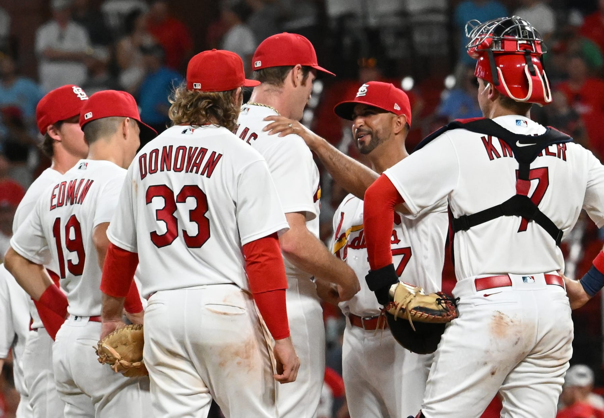 ST. LOUIS, MO - JUNE 14: St. Louis Cardinal manager Oli Marmol congratulate St. Louis Cardinals pitcher Miles Mikolas (39) after his performance, pitching 8 2/3 innings of no-hit ball during Game 2 of a MLB doubleheader between the Pittsburgh Pirates and the St. Louis Cardinals on June 14, 2022, at Busch Stadium, St. Louis, MO. (Photo by Keith Gillett/Icon Sportswire via Getty Images), ST. LOUIS, MO - JUNE 14: St. Louis Cardinal manager Oli Marmol congratulate St. Louis Cardinals pitcher Miles Mikolas (39) after his performance, pitching 8 2/3 innings of no-hit ball during Game 2 of a MLB doubleheader between the Pittsburgh Pirates and the St. Louis Cardinals on June 14, 2022, at Busch Stadium, St. Louis, MO. (Photo by Keith Gillett/Icon Sportswire via Getty Images),