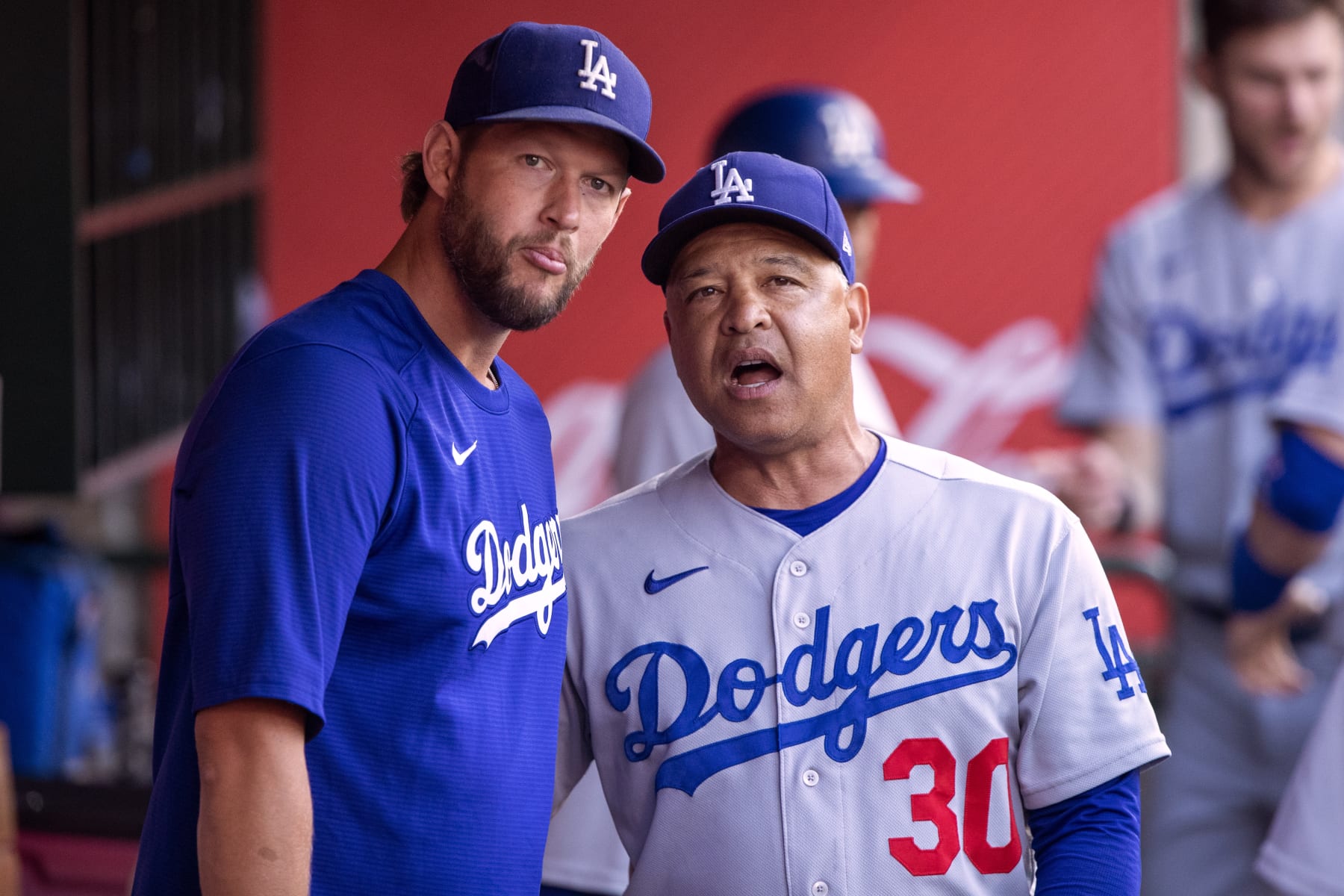 The Dodgers' Clayton Kershaw (left) and Dave Roberts