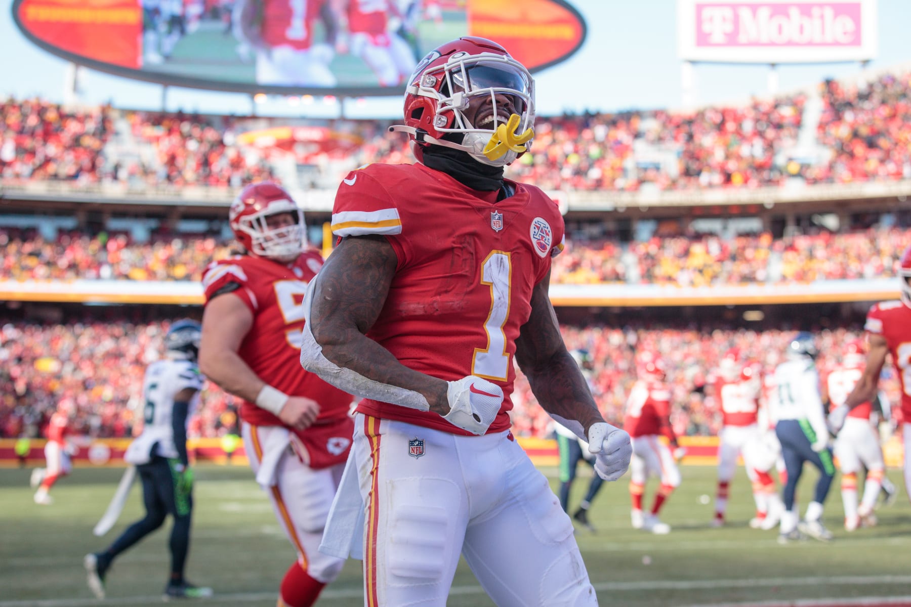 KANSAS CITY, MO - DECEMBER 24: Kansas City Chiefs running back Jerick McKinnon (1) celebrates in the end zone after scoring a touchdown against the Seattle Seahawks on December 24th, 2022 at GEHA Field at Arrowhead Stadium in Kansas City Missouri. (Photo by William Purnell/Icon Sportswire via Getty Images)