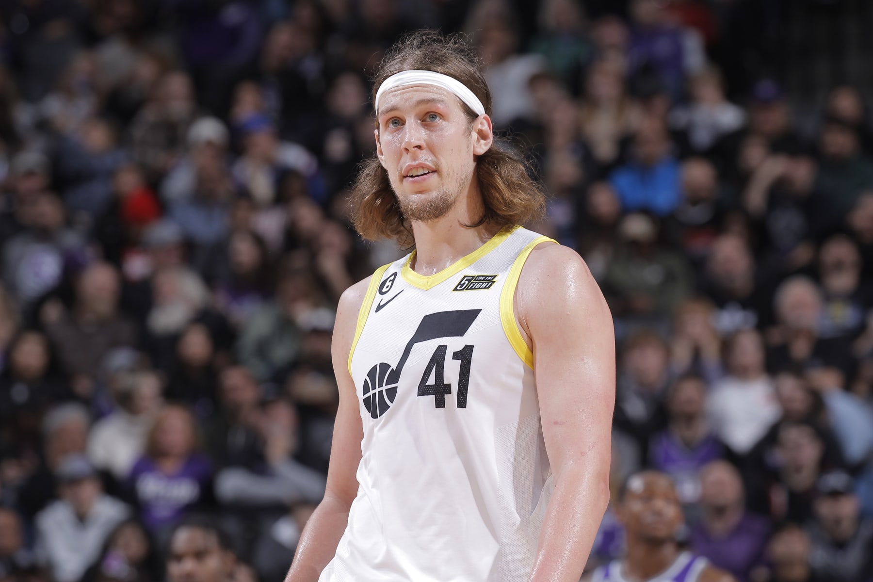 SACRAMENTO, CA - DECEMBER 30: Kelly Olynyk #41 of the Utah Jazz looks on during the game against the Sacramento Kings on December 30, 2022 at Golden 1 Center in Sacramento, California. NOTE TO USER: User expressly acknowledges and agrees that, by downloading and or using this photograph, User is consenting to the terms and conditions of the Getty Images Agreement. Mandatory Copyright Notice: Copyright 2022 NBAE (Photo by Rocky Widner/NBAE via Getty Images)