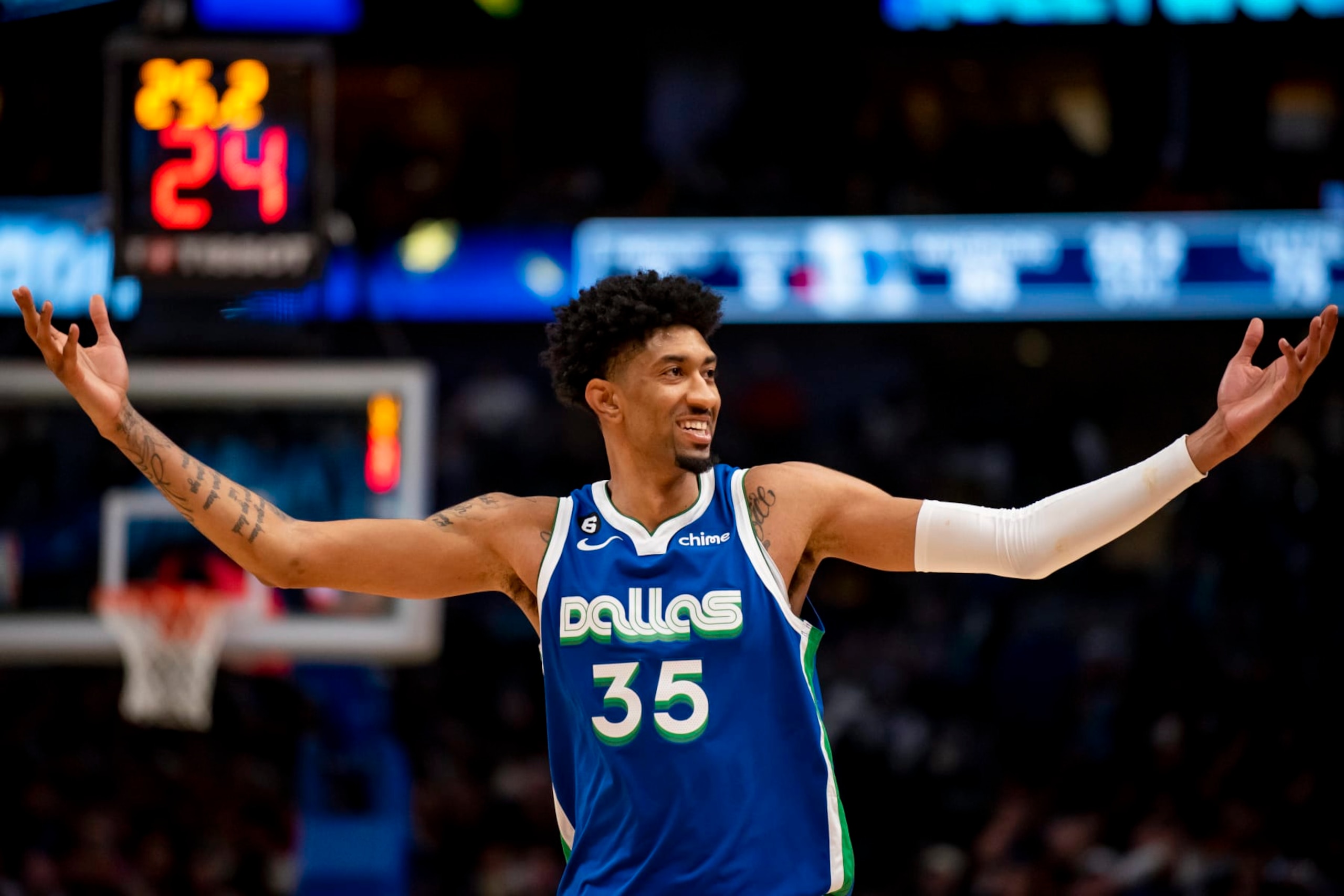 Dallas Mavericks forward Christian Wood (35) gets the crowd energized in the second half of an NBA basketball game against the Los Angeles Lakers in Dallas, Sunday, Dec. 25, 2022. (AP Photo/Emil T. Lippe) Dallas Mavericks forward Christian Wood (35) gets the crowd energized in the second half of an NBA basketball game against the Los Angeles Lakers in Dallas, Sunday, Dec. 25, 2022. (AP Photo/Emil T. Lippe)