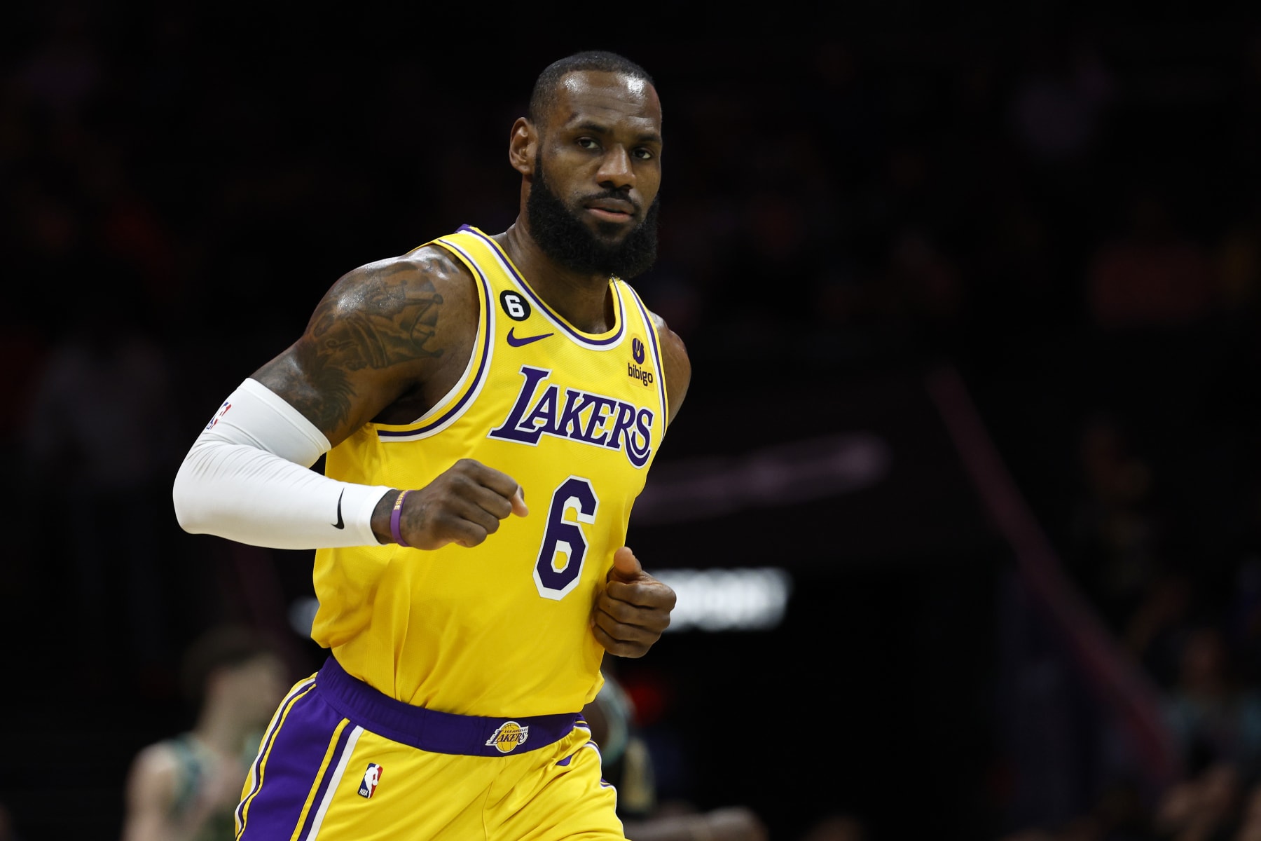 CHARLOTTE, NORTH CAROLINA - JANUARY 02: LeBron James #6 of the Los Angeles Lakers looks on during the first quarter of the game against the Charlotte Hornets at Spectrum Center on January 02, 2023 in Charlotte, North Carolina. NOTE TO USER: User expressly acknowledges and agrees that, by downloading and or using this photograph, User is consenting to the terms and conditions of the Getty Images License Agreement. (Photo by Jared C. Tilton/Getty Images)