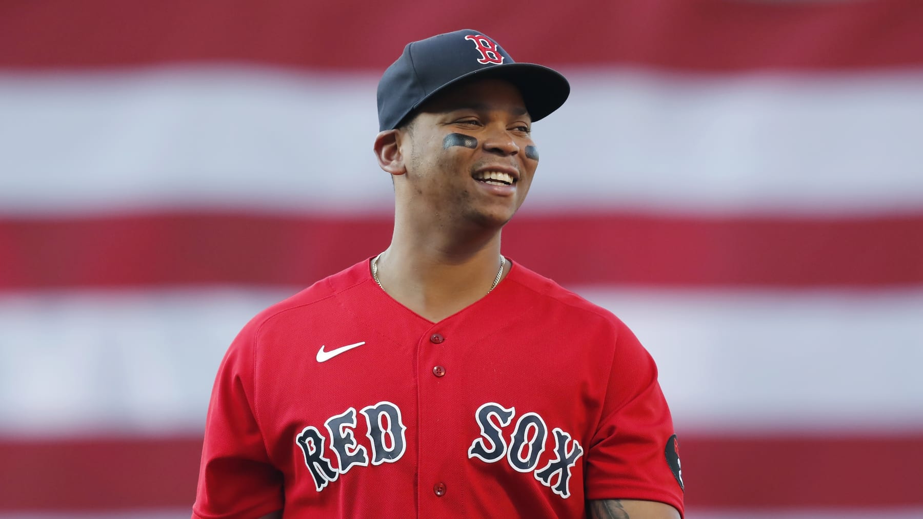 Boston Red Sox's Rafael Devers before a baseball game against the Toronto Blue Jays, Friday, July 22, 2022, in Boston. (AP Photo/Michael Dwyer)