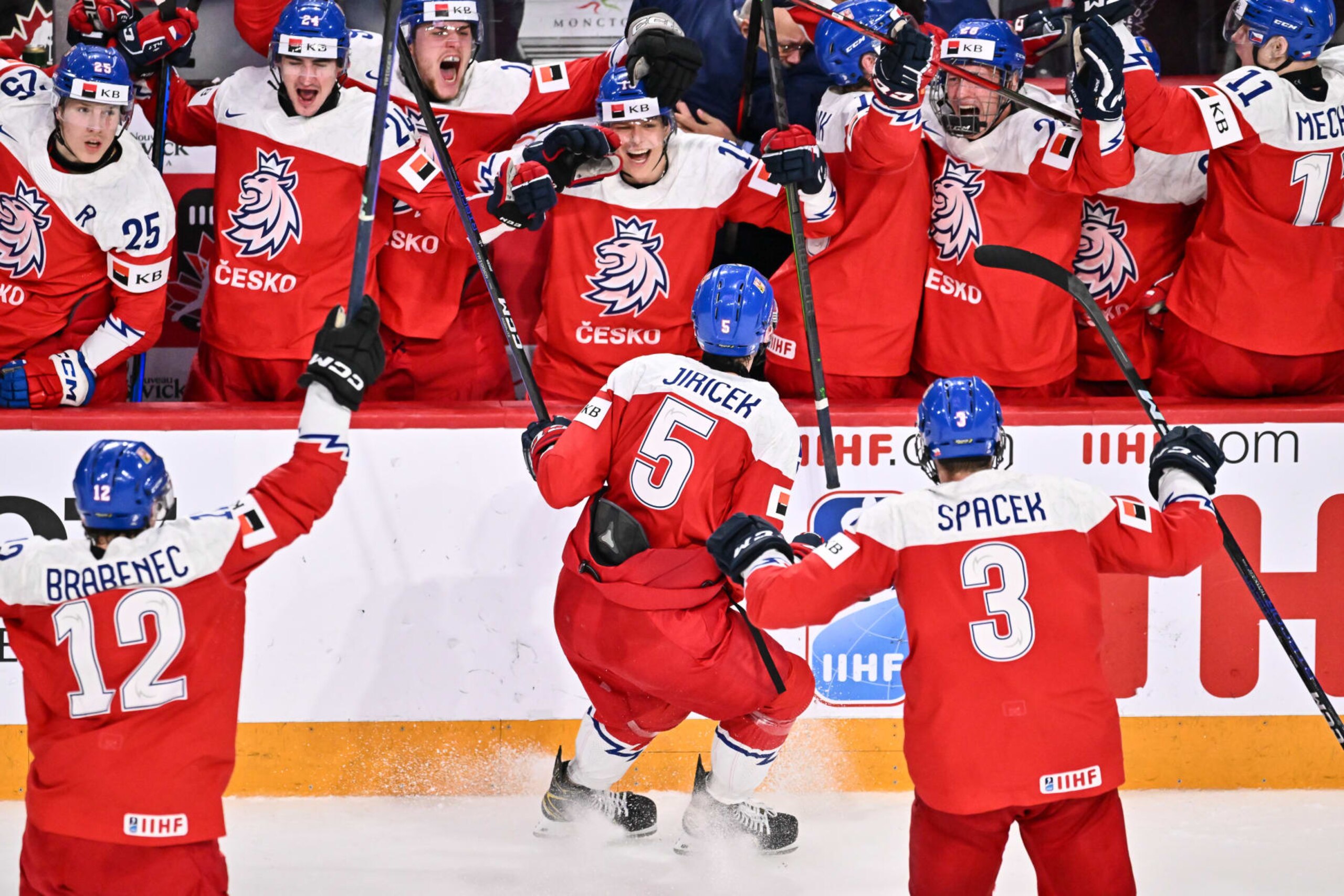 HALIFAX, CANADA - JANUARY 04:  David Jiricek #5 of Team Czech Republic celebrates his game tying goal late in the third period against Team Sweden in the semifinal round of the 2023 IIHF World Junior Championship at Scotiabank Centre on January 4, 2023 in Halifax, Nova Scotia, Canada.  (Photo by Minas Panagiotakis/Getty Images)