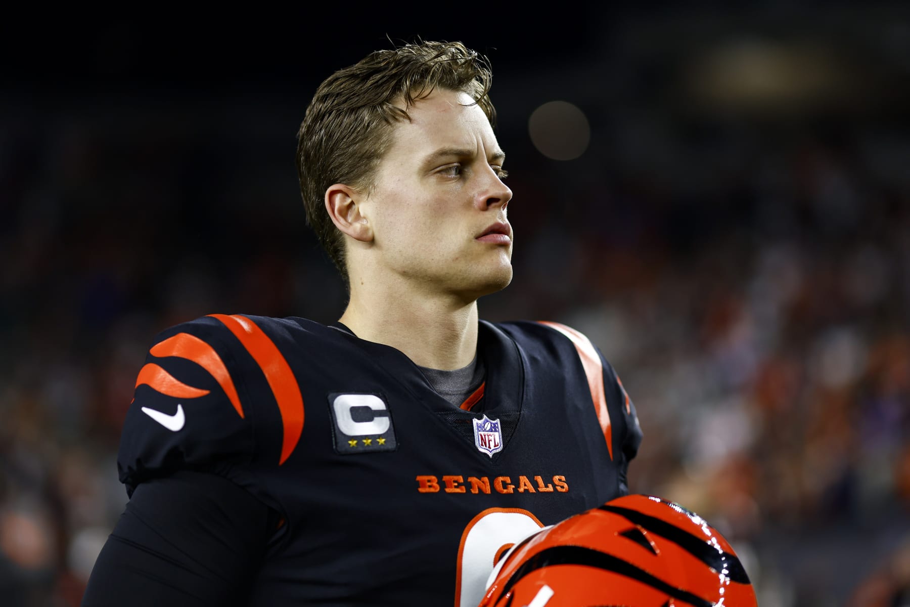 CINCINNATI, OH - JANUARY 2: Joe Burrow #9 of the Cincinnati Bengals stretches prior to an NFL football game against the Buffalo Bills at Paycor Stadium on January 2, 2023 in Cincinnati, Ohio. (Photo by Kevin Sabitus/Getty Images)