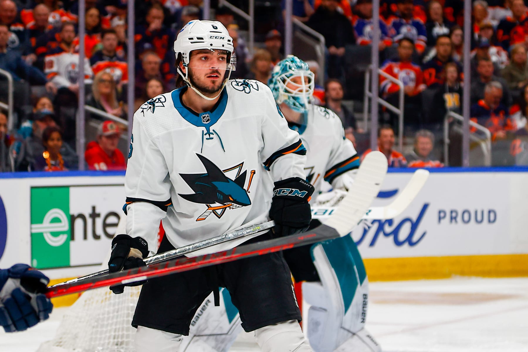EDMONTON, AB - APRIL 29: San Jose Sharks Defenceman Ryan Merkley (6) in action in the first period during the Edmonton Oilers game versus the San Jose Sharks on April 29, 2022 at Rogers Place in Edmonton, AB. (Photo by Curtis Comeau/Icon Sportswire via Getty Images)