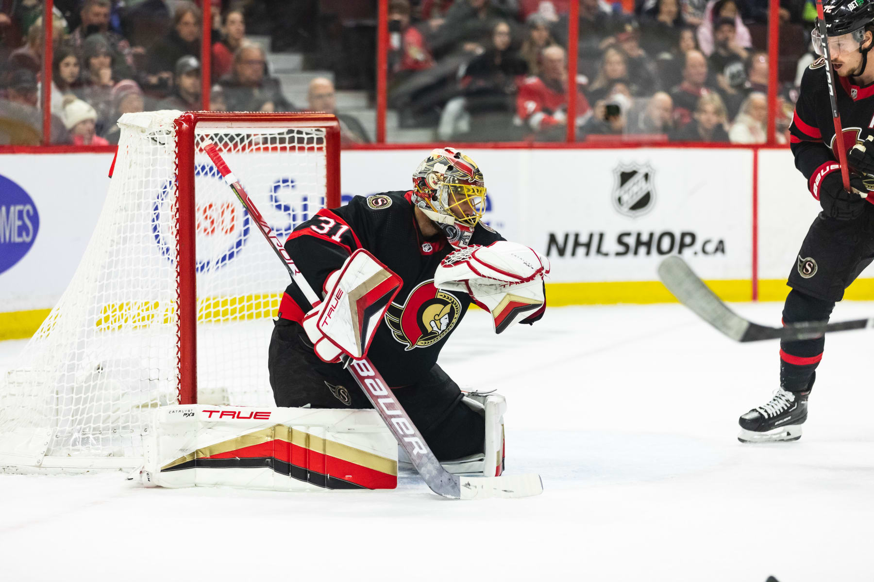 OTTAWA, ON - JANUARY 03: Ottawa Senators Goalie Anton Forsberg (31) hangs onto a glove save during first period National Hockey League action between the Columbus Blue Jackets and Ottawa Senators on January 3, 2023, at Canadian Tire Centre in Ottawa, ON, Canada. (Photo by Richard A. Whittaker/Icon Sportswire via Getty Images)