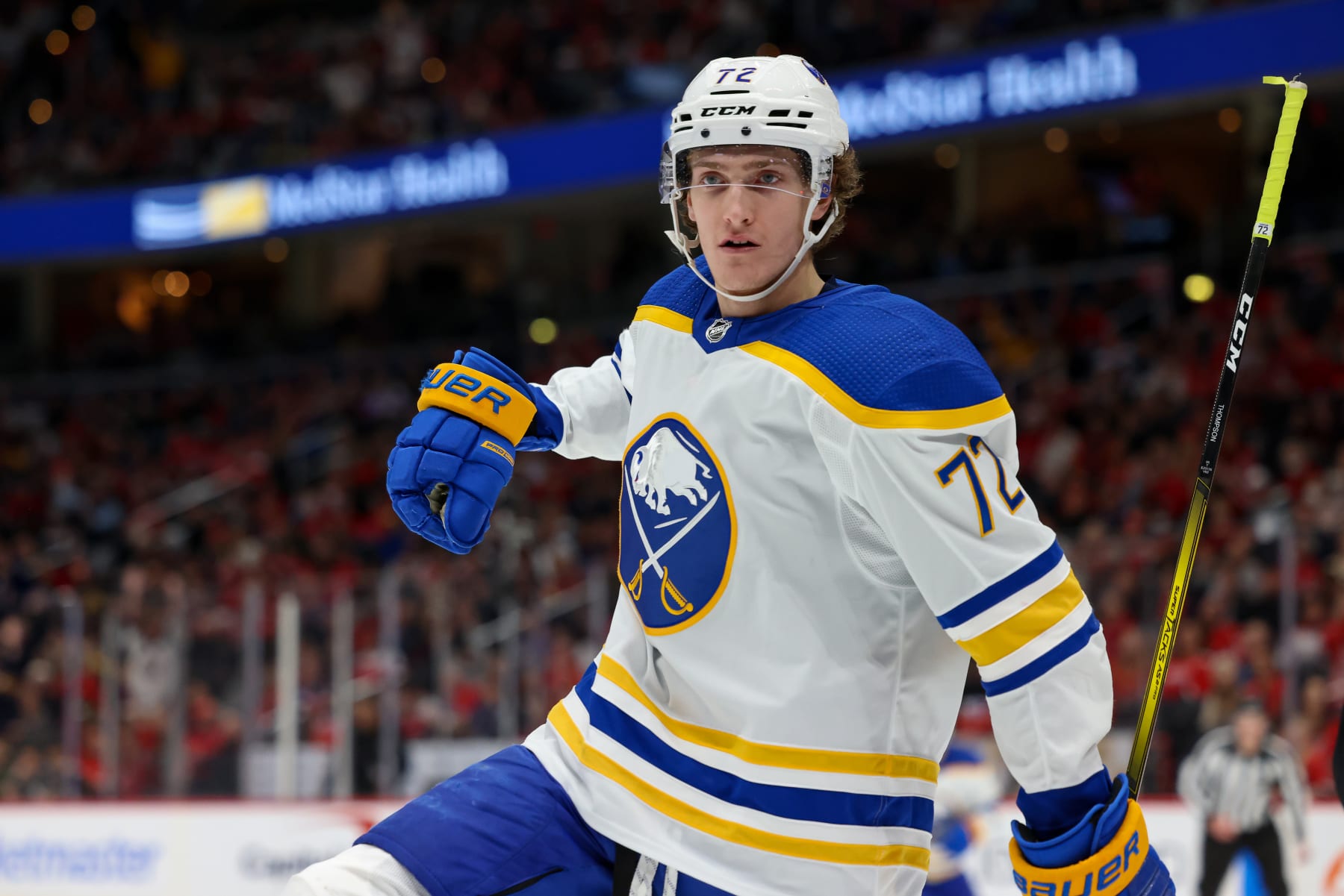 WASHINGTON, DC - JANUARY 3: Tage Thompson #72 of the Buffalo Sabres celebrates a goal in the second period of a game against the Buffalo Sabres at Capital One Arena on January 3, 2023 in Washington, D.C. (Photo by John McCreary/NHLI via Getty Images)