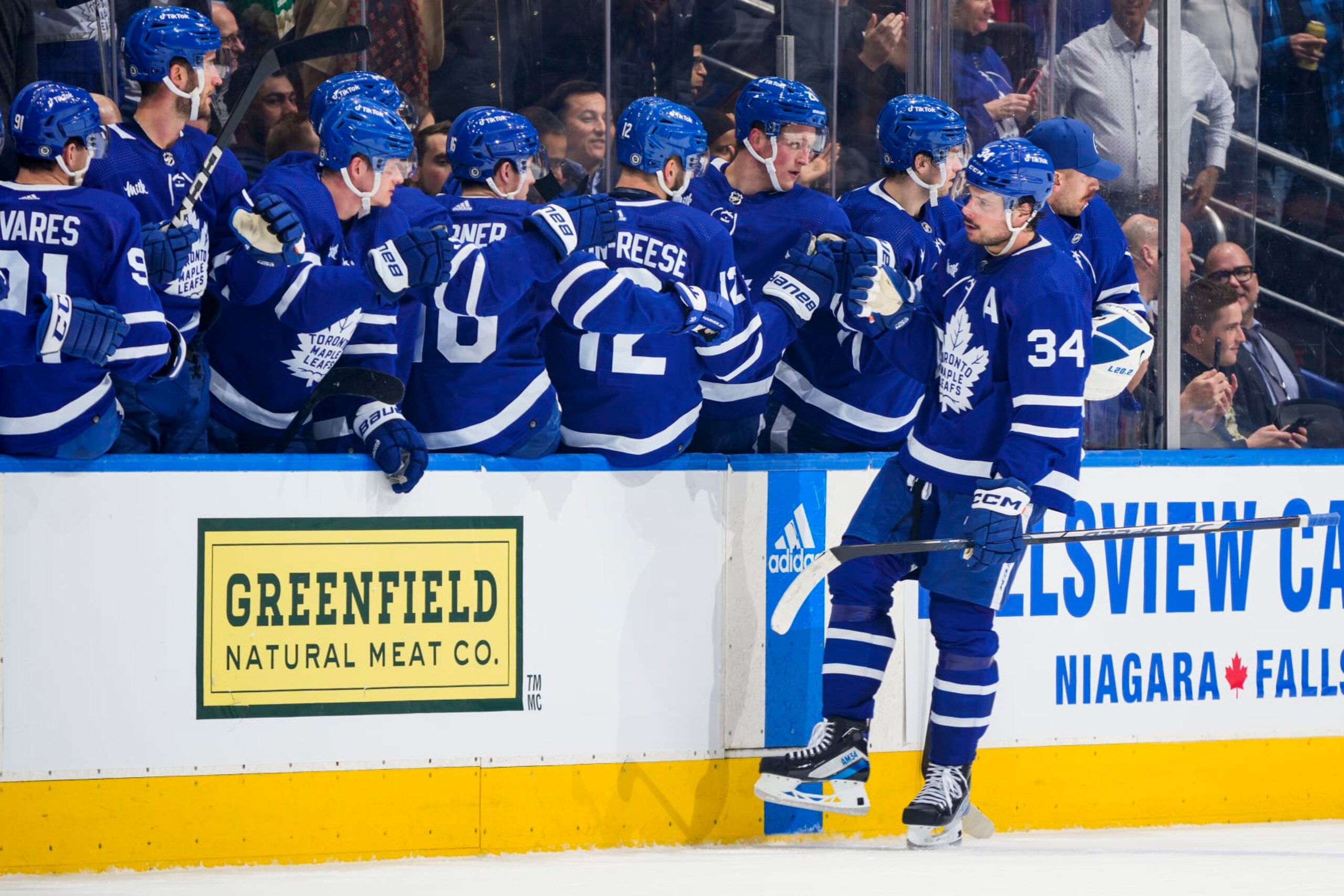 TORONTO, ON - JANUARY 3: Auston Matthews #34 of the Toronto Maple Leafs celebrates his goal against the St. Louis Blues during the second period at the Scotiabank Arena on January 3, 2023 in Toronto, Ontario, Canada. (Photo by Mark Blinch/NHLI via Getty Images)