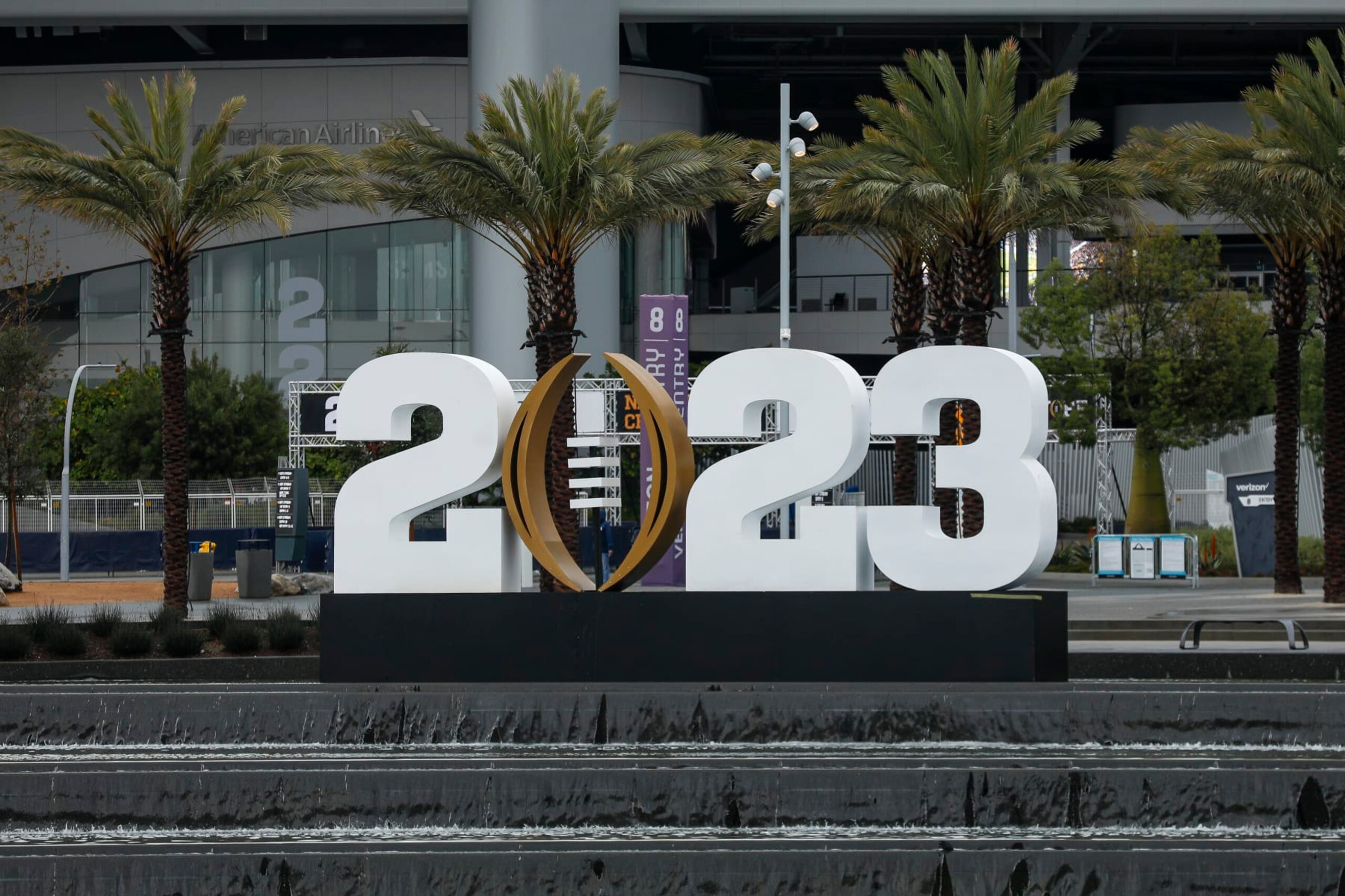 INGLEWOOD, CA - JANUARY 04: The College Football Playoff National Championship event logo is displayed during the week leading up to CFP National Championship game between the TCU Horned Frogs and the Georgia Bulldogs on January 04, 2023, at SoFi Stadium in Inglewood, CA. (Photo by Brandon Sloter/Icon Sportswire via Getty Images) INGLEWOOD, CA - JANUARY 04: The College Football Playoff National Championship event logo is displayed during the week leading up to CFP National Championship game between the TCU Horned Frogs and the Georgia Bulldogs on January 04, 2023, at SoFi Stadium in Inglewood, CA. (Photo by Brandon Sloter/Icon Sportswire via Getty Images)