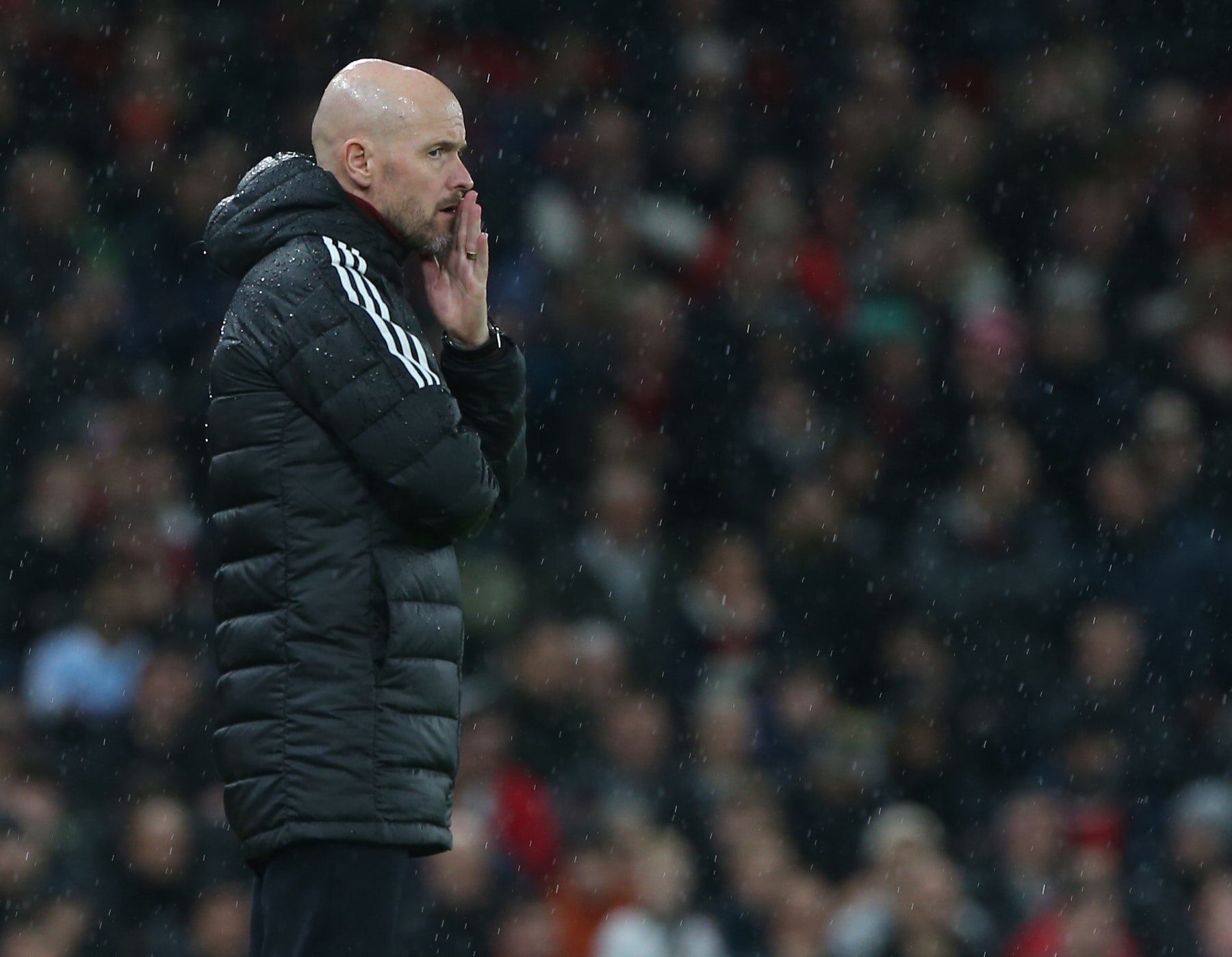 MANCHESTER, ENGLAND - JANUARY 03: Manager Erik ten Hag of Manchester United watches from the touchline during the Premier League match between Manchester United and AFC Bournemouth at Old Trafford on January 03, 2023 in Manchester, England. (Photo by Matthew Peters/Manchester United via Getty Images)