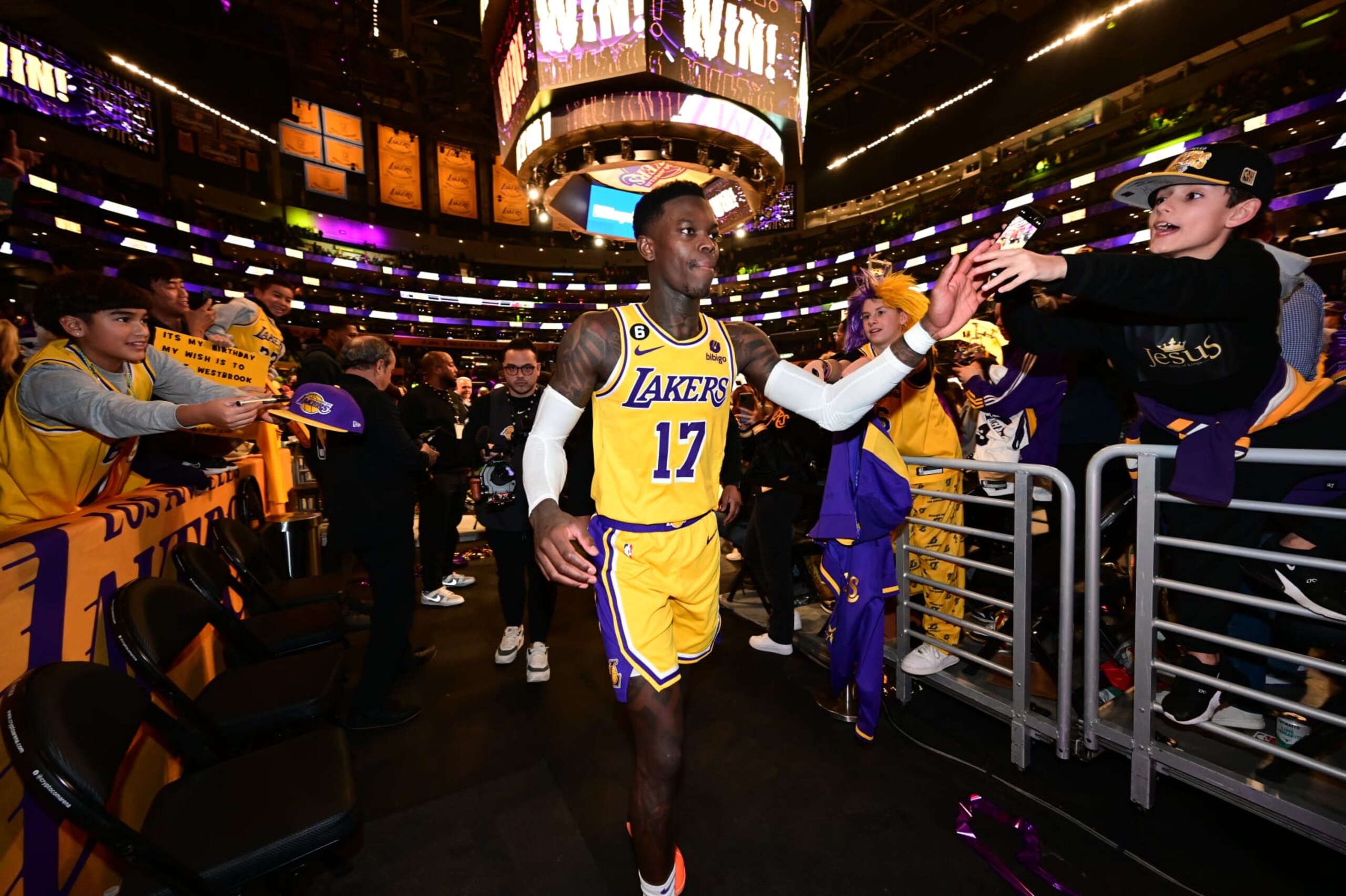 LOS ANGELES, CA - JANUARY 4: Dennis Schroder #17 of the Los Angeles Lakers walks off the court after the game against the Miami Heat on January 4, 2023 at Crypto.Com Arena in Los Angeles, California. NOTE TO USER: User expressly acknowledges and agrees that, by downloading and/or using this Photograph, user is consenting to the terms and conditions of the Getty Images License Agreement. Mandatory Copyright Notice: Copyright 2023 NBAE (Photo by Adam Pantozzi/NBAE via Getty Images)