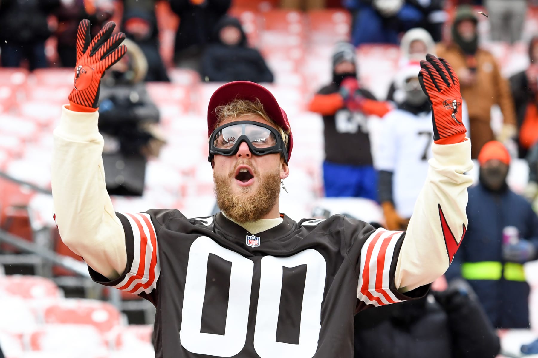 CLEVELAND, OHIO - DECEMBER 24: Jake Paul celebrates prior to a game between the New Orleans Saints and the Cleveland Browns at FirstEnergy Stadium on December 24, 2022 in Cleveland, Ohio. (Photo by Nick Cammett/Diamond Images via Getty Images)