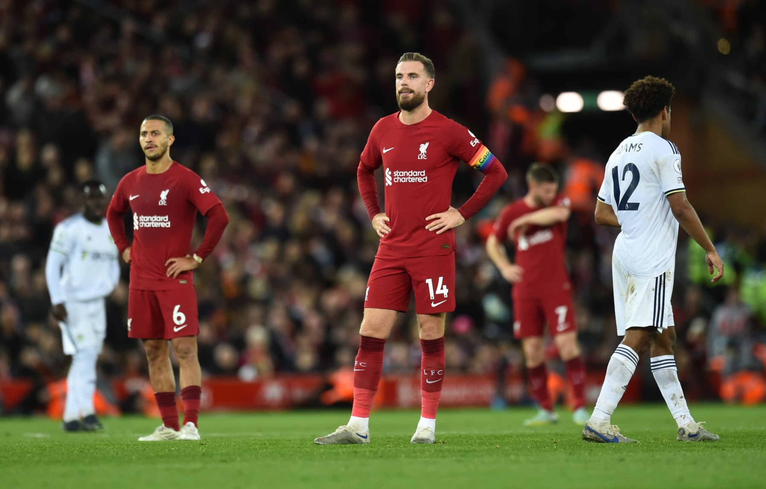 LIVERPOOL, ENGLAND - OCTOBER 29: (THE SUN OUT,THE SUN ON SUNDAY OUT ) Jordan Henderson captain of Liverpool with Thiago Alcantara of Liverpool at the end Premier League match between Liverpool FC and Leeds United at Anfield on October 29, 2022 in Liverpool, England. (Photo by Andrew Powell/Liverpool FC via Getty Images) LIVERPOOL, ENGLAND - OCTOBER 29: (THE SUN OUT,THE SUN ON SUNDAY OUT ) Jordan Henderson captain of Liverpool with Thiago Alcantara of Liverpool at the end Premier League match between Liverpool FC and Leeds United at Anfield on October 29, 2022 in Liverpool, England. (Photo by Andrew Powell/Liverpool FC via Getty Images)
