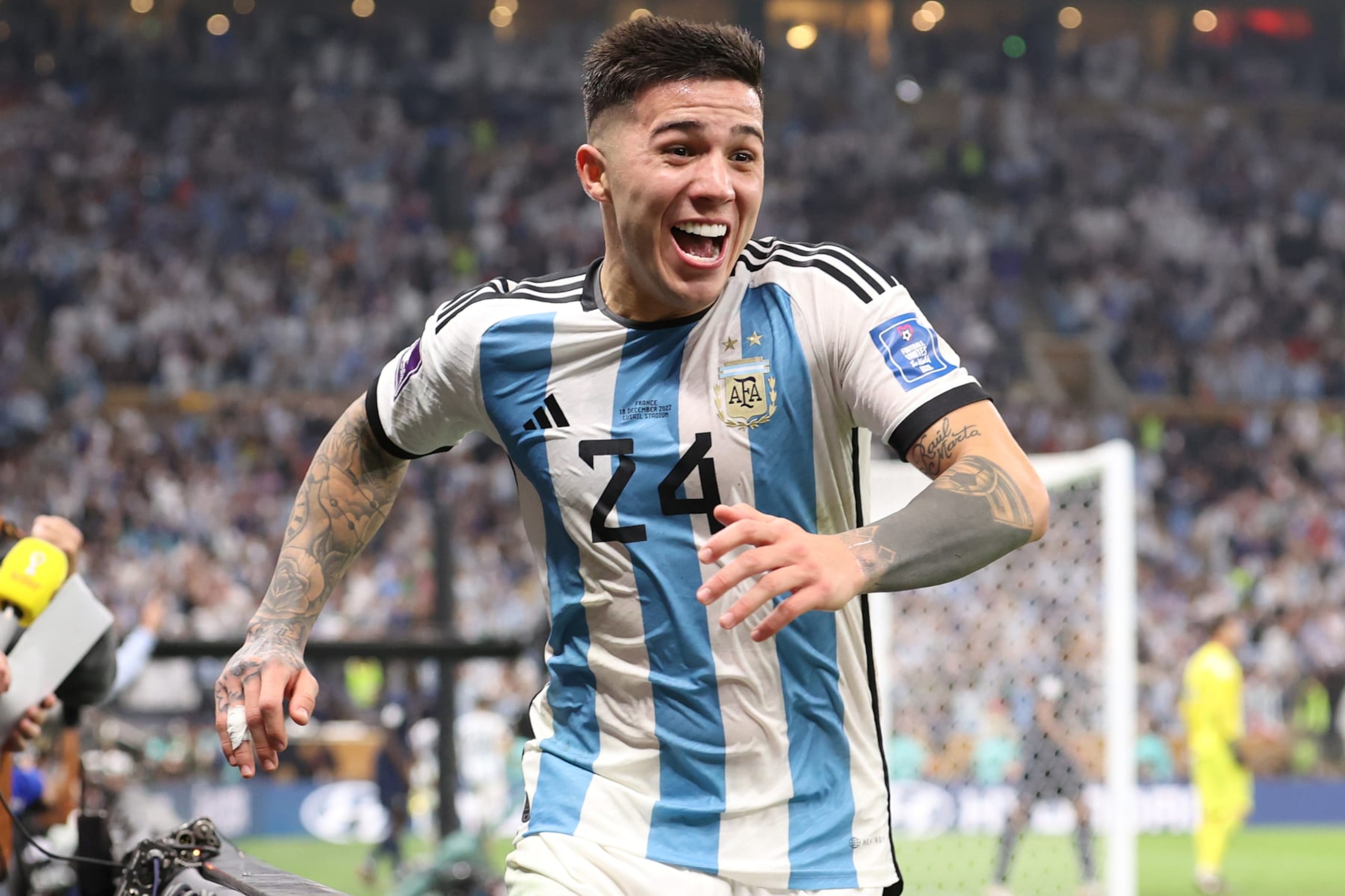 LUSAIL CITY, QATAR - DECEMBER 18: Enzo Fernandez of Argentina celebrates the team's third goal scored by Lionel Messi during the FIFA World Cup Qatar 2022 Final match between Argentina and France at Lusail Stadium on December 18, 2022 in Lusail City, Qatar. (Photo by Julian Finney/Getty Images) LUSAIL CITY, QATAR - DECEMBER 18: Enzo Fernandez of Argentina celebrates the team's third goal scored by Lionel Messi during the FIFA World Cup Qatar 2022 Final match between Argentina and France at Lusail Stadium on December 18, 2022 in Lusail City, Qatar. (Photo by Julian Finney/Getty Images)