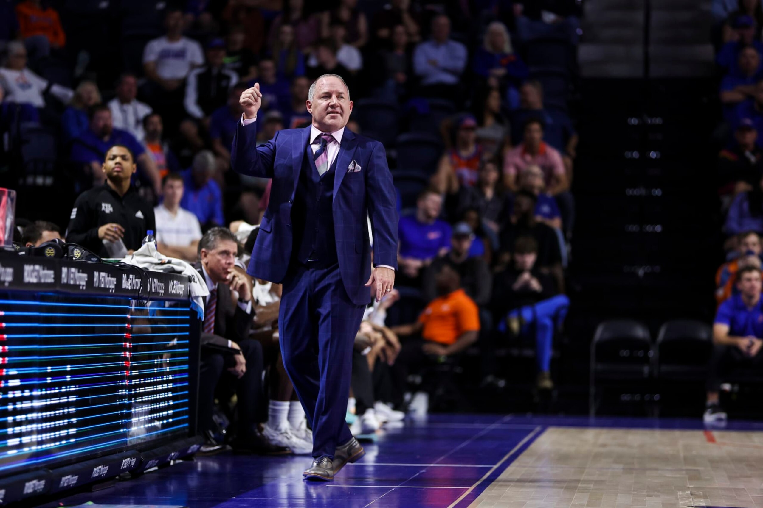 GAINESVILLE, FLORIDA - JANUARY 04: Head Coach Buzz Williams of the Texas A&M Aggies looks on during the first half of a game against the Florida Gators at the Stephen C. O'Connell Center on January 04, 2023 in Gainesville, Florida. (Photo by James Gilbert/Getty Images)