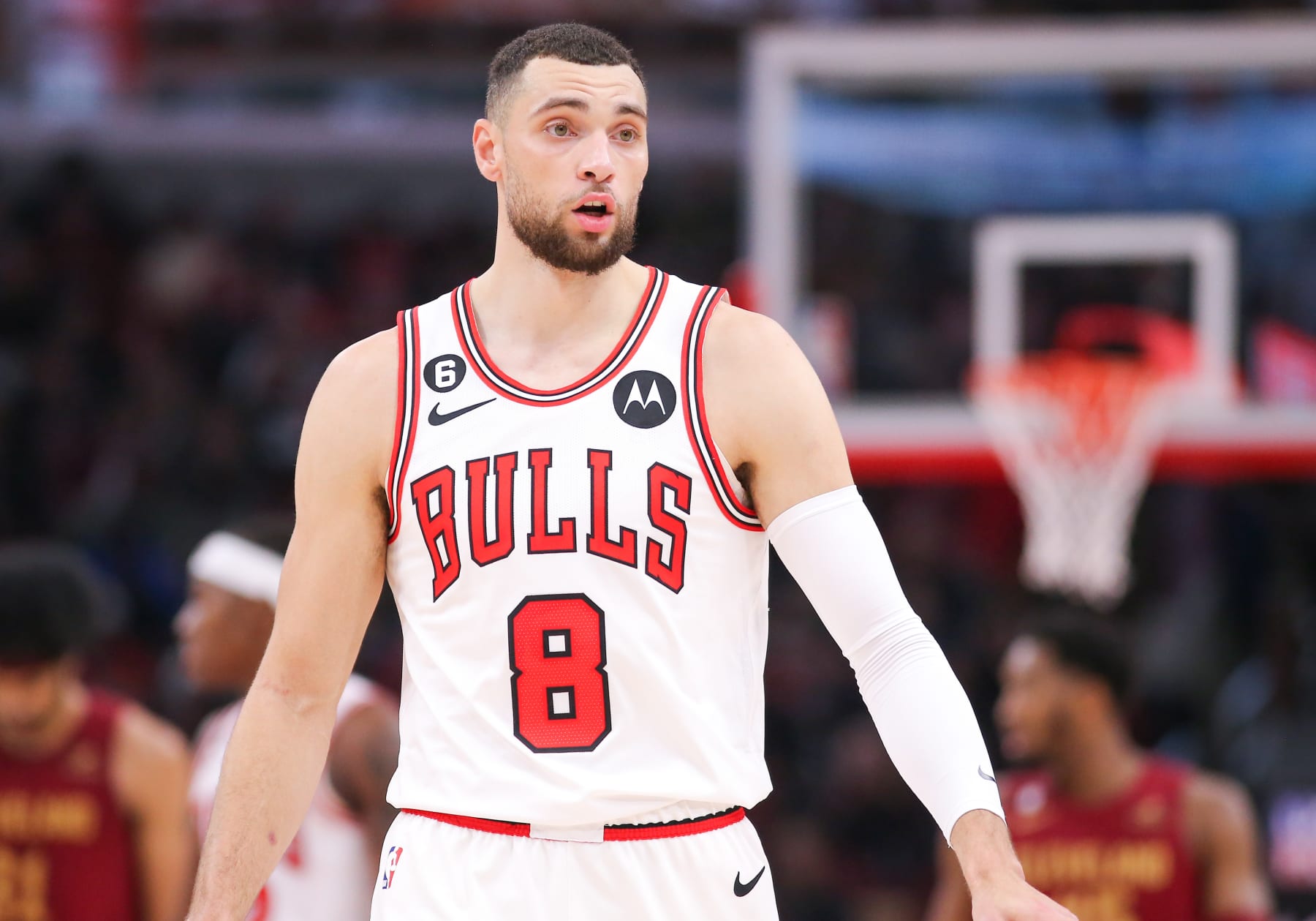 CHICAGO, IL - DECEMBER 31: Chicago Bulls Guard Zach LaVine (8) looks on during a NBA game between the Cleveland  Cavaliers and the Chicago Bulls on December 31, 2022 at the United Center in Chicago, IL. (Photo by Melissa Tamez/Icon Sportswire via Getty Images)