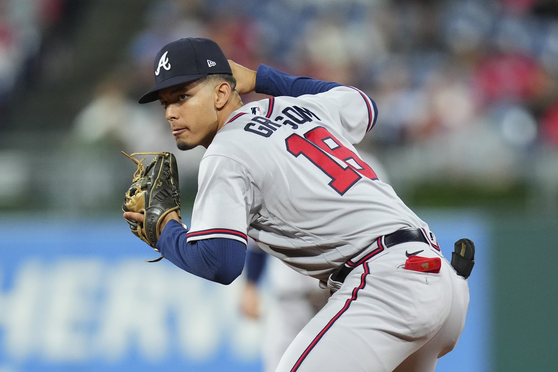PHILADELPHIA, PA - SEPTEMBER 22: Vaughn Grissom #18 of the Atlanta Braves throws the ball to first base against the Philadelphia Phillies at Citizens Bank Park on September 22, 2022 in Philadelphia, Pennsylvania. The Philadelphia Phillies defeated the Atlanta Braves 1-0. (Photo by Mitchell Leff/Getty Images)