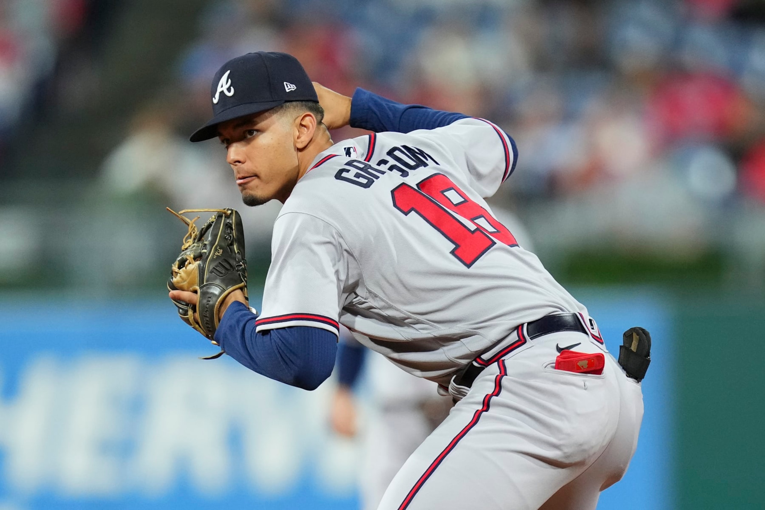 PHILADELPHIA, PA - SEPTEMBER 22: Vaughn Grissom #18 of the Atlanta Braves throws the ball to first base against the Philadelphia Phillies at Citizens Bank Park on September 22, 2022 in Philadelphia, Pennsylvania. The Philadelphia Phillies defeated the Atlanta Braves 1-0. (Photo by Mitchell Leff/Getty Images)