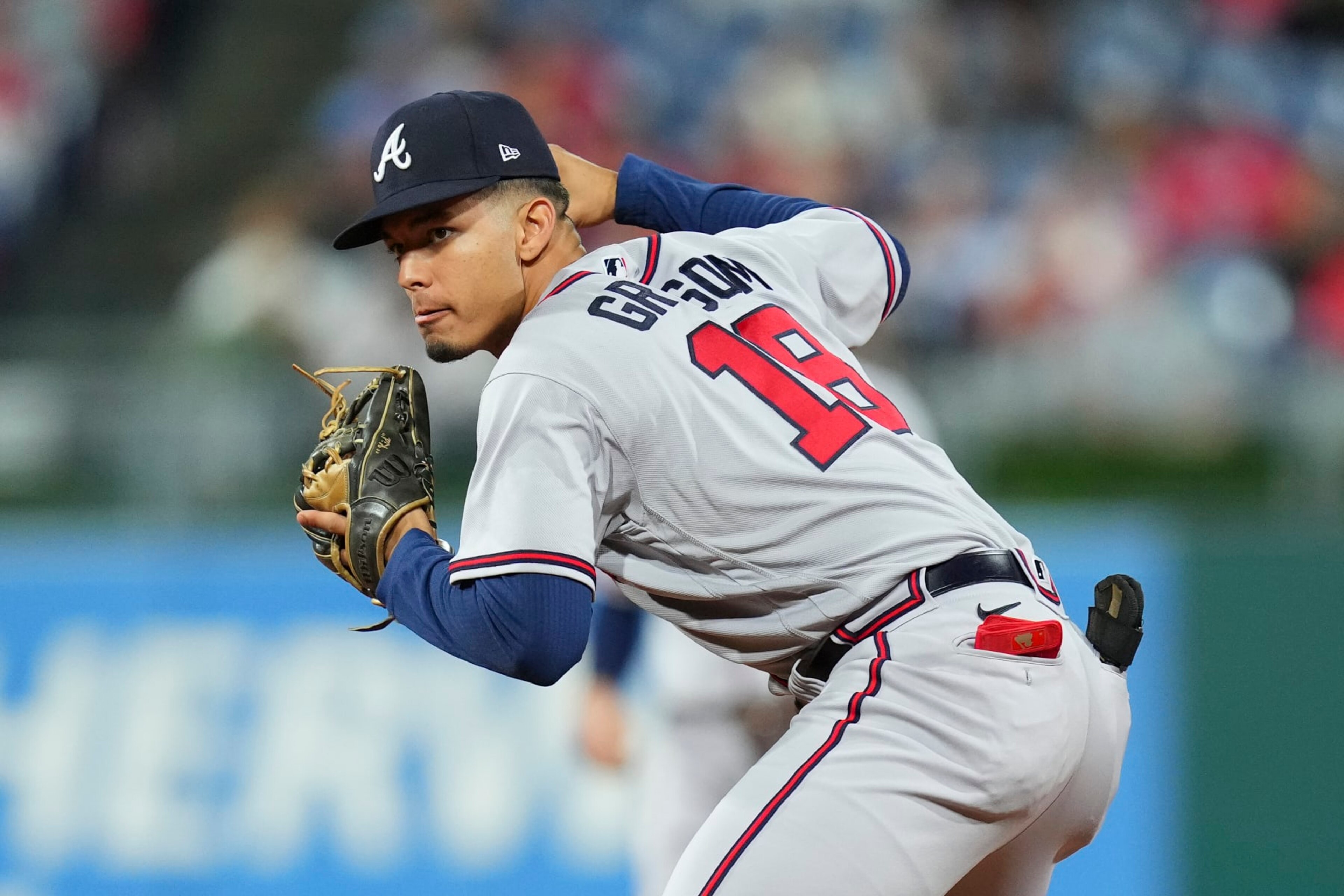PHILADELPHIA, PA - SEPTEMBER 22: Vaughn Grissom #18 of the Atlanta Braves throws the ball to first base against the Philadelphia Phillies at Citizens Bank Park on September 22, 2022 in Philadelphia, Pennsylvania. The Philadelphia Phillies defeated the Atlanta Braves 1-0. (Photo by Mitchell Leff/Getty Images)