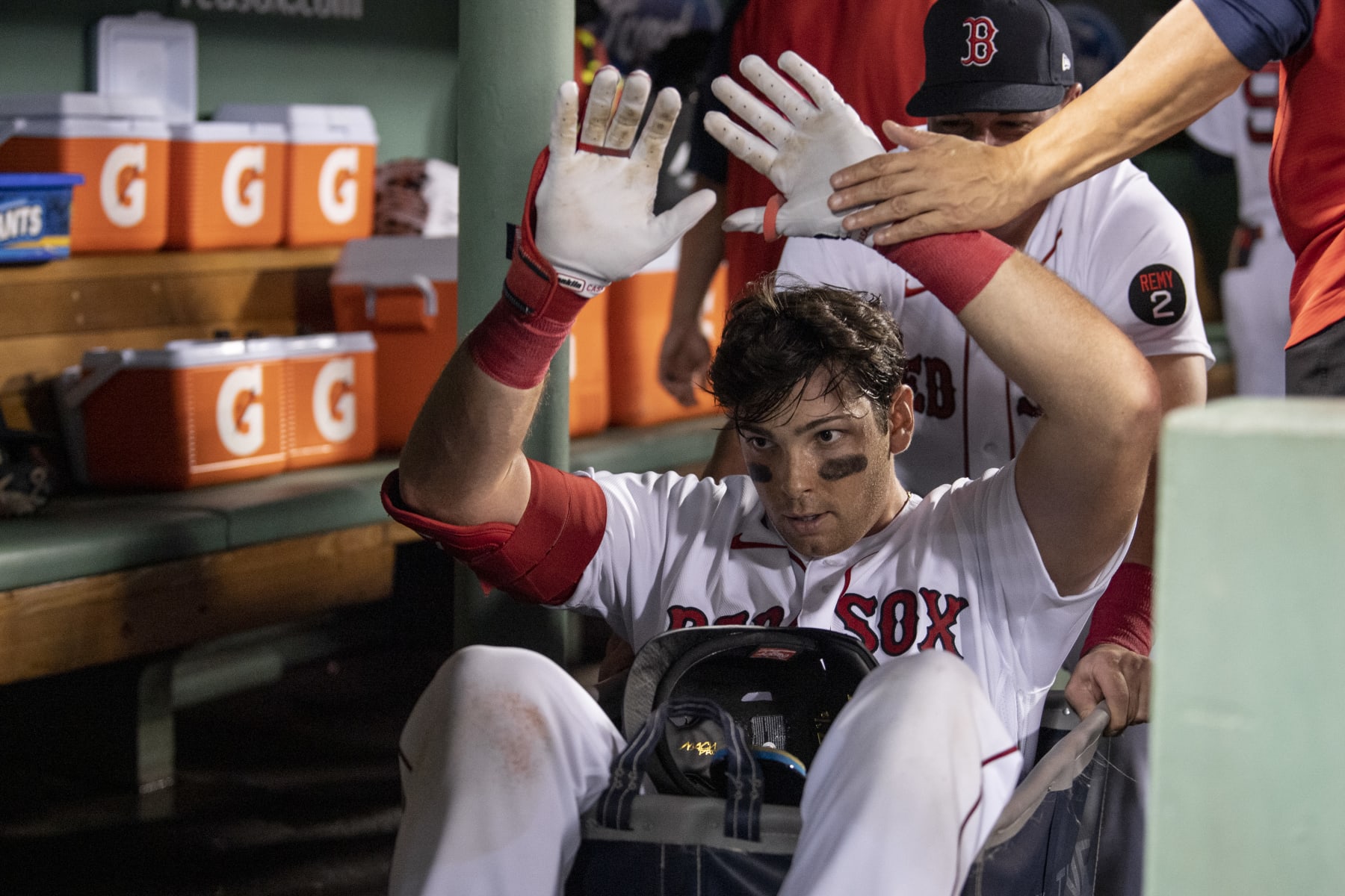 BOSTON, MA - SEPTEMBER 13: Triston Casas #36 of the Boston Red Sox is pushed in a laundry cart through the dugout after Casas hit a two-run home run during the second inning of a game against the New York Yankees on September 13, 2022 at Fenway Park in Boston, Massachusetts. (Photo by Maddie Malhotra/Boston Red Sox/Getty Images)