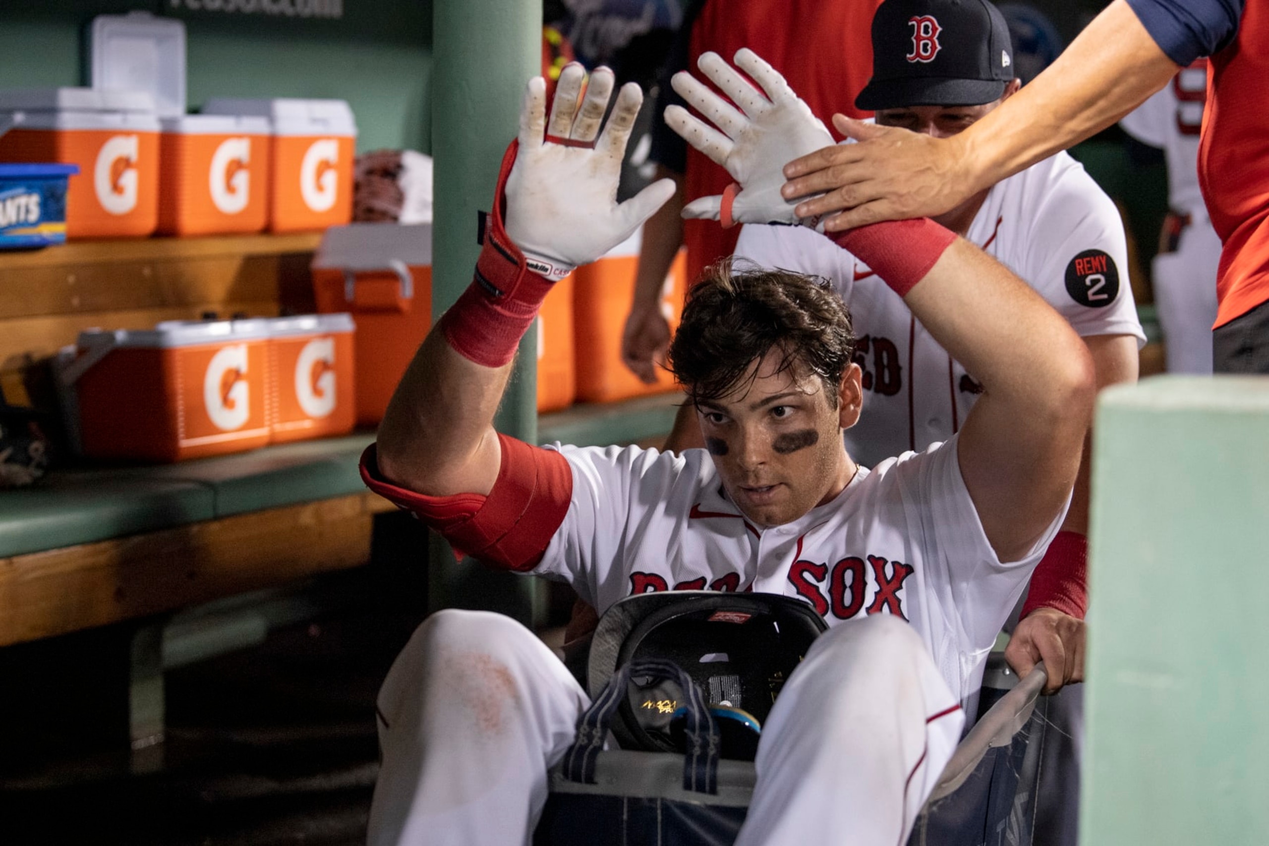 BOSTON, MA - SEPTEMBER 13: Triston Casas #36 of the Boston Red Sox is pushed in a laundry cart through the dugout after Casas hit a two-run home run during the second inning of a game against the New York Yankees on September 13, 2022 at Fenway Park in Boston, Massachusetts. (Photo by Maddie Malhotra/Boston Red Sox/Getty Images)