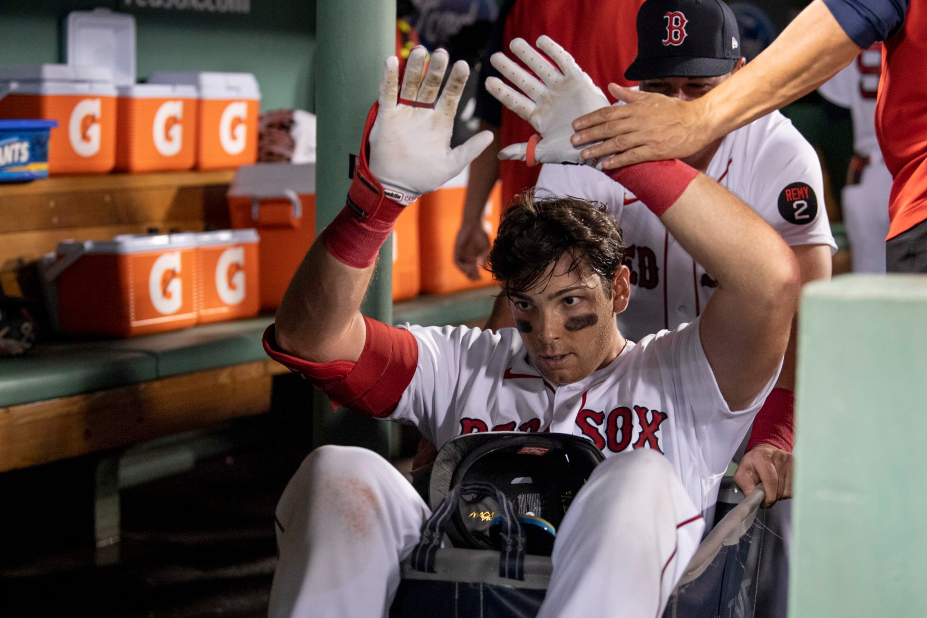 BOSTON, MA - SEPTEMBER 13: Triston Casas #36 of the Boston Red Sox is pushed in a laundry cart through the dugout after Casas hit a two-run home run during the second inning of a game against the New York Yankees on September 13, 2022 at Fenway Park in Boston, Massachusetts. (Photo by Maddie Malhotra/Boston Red Sox/Getty Images)
