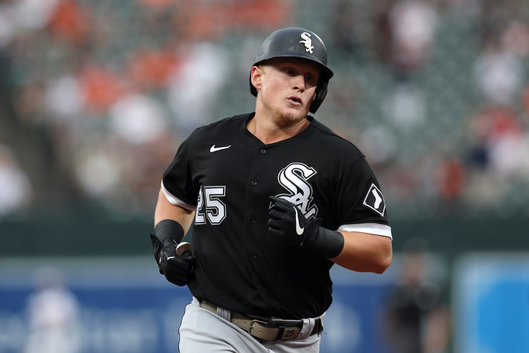 BALTIMORE, MARYLAND - AUGUST 25: Andrew Vaughn #25 of the Chicago White Sox rounds the bases after hitting a solo home run in the first inning against the Baltimore Orioles at Oriole Park at Camden Yards on August 25, 2022 in Baltimore, Maryland. (Photo by Rob Carr/Getty Images)