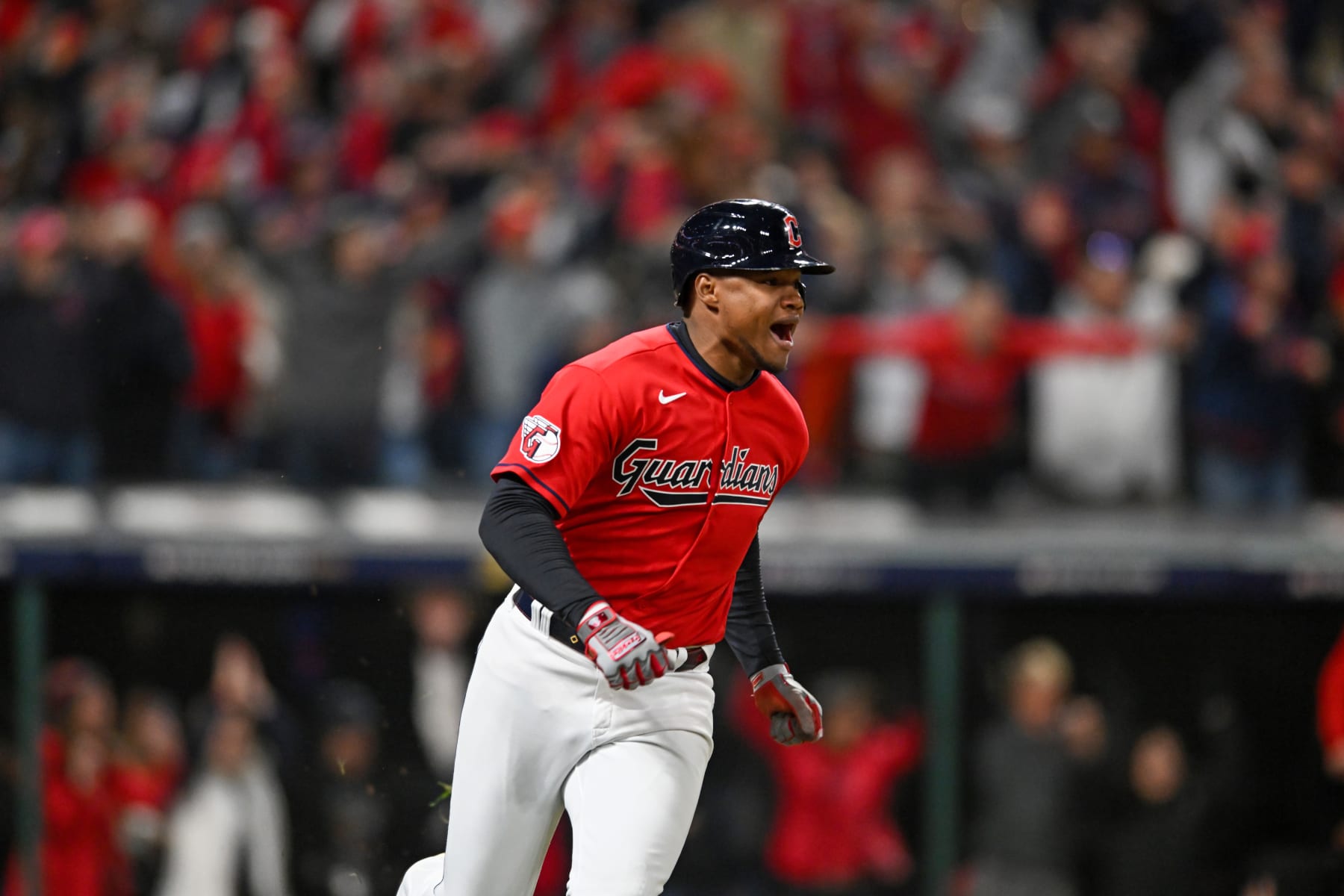 CLEVELAND, OH - OCTOBER 15, 2022: Oscar Gonzalez #39 of the Cleveland Guardians celebrates hitting a walk-off two-run single during the ninth inning in Game 3 of the American League Division Series against the New York Yankees at Progressive Field on October 15, 2022 in Cleveland, Ohio. (Photo by Nick Cammett/Diamond Images via Getty Images)