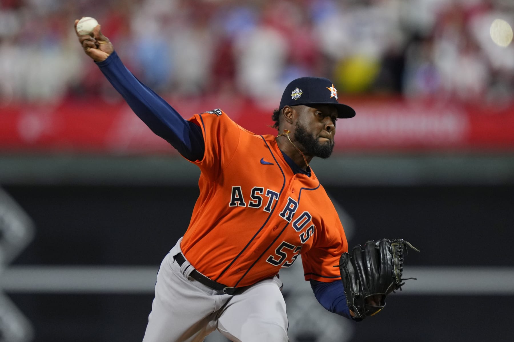 Houston Astros starting pitcher Cristian Javier throws during the first inning in Game 4 of baseball's World Series between the Houston Astros and the Philadelphia Phillies on Wednesday, Nov. 2, 2022, in Philadelphia. (AP Photo/Matt Slocum)