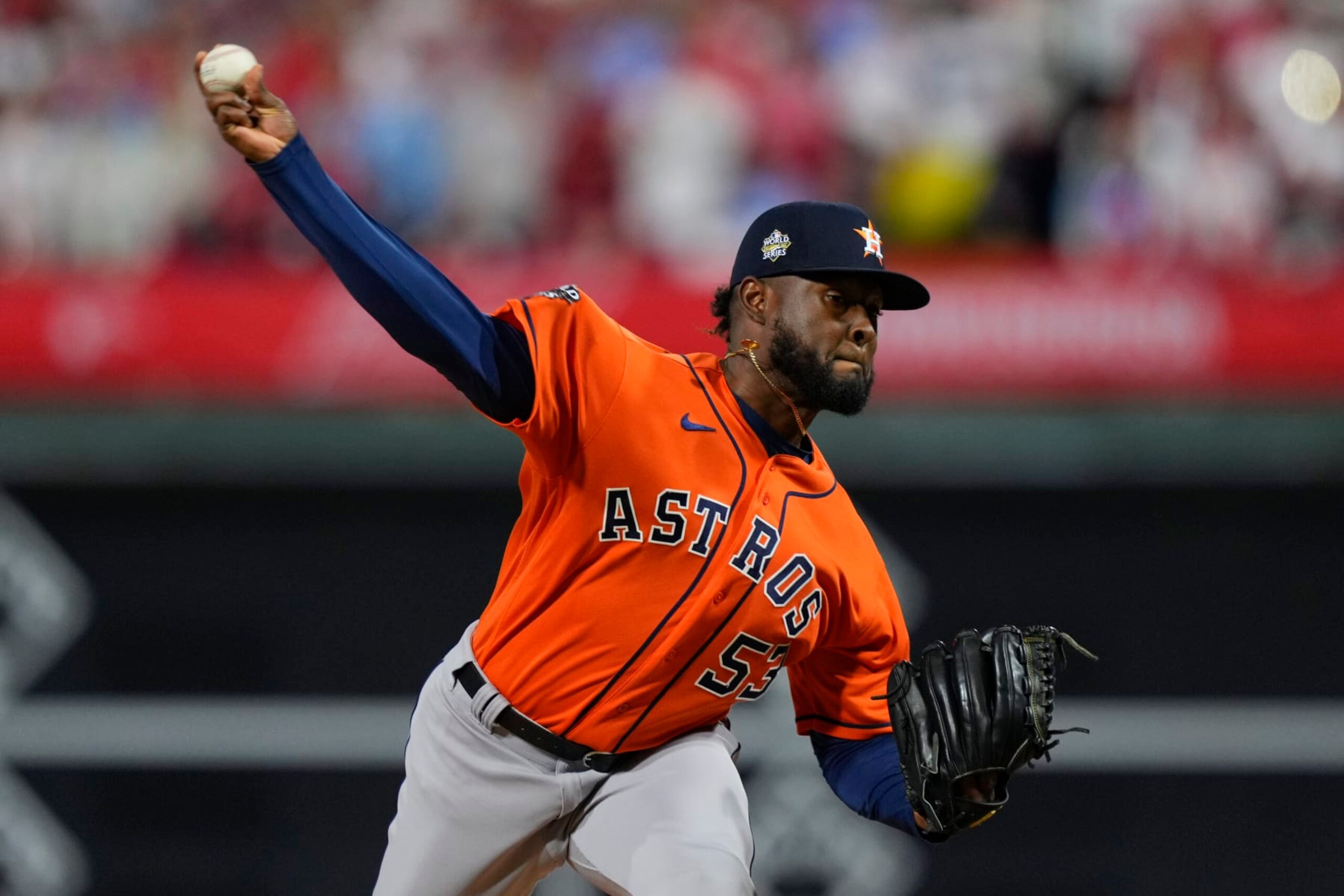 Houston Astros starting pitcher Cristian Javier throws during the first inning in Game 4 of baseball's World Series between the Houston Astros and the Philadelphia Phillies on Wednesday, Nov. 2, 2022, in Philadelphia. (AP Photo/Matt Slocum)