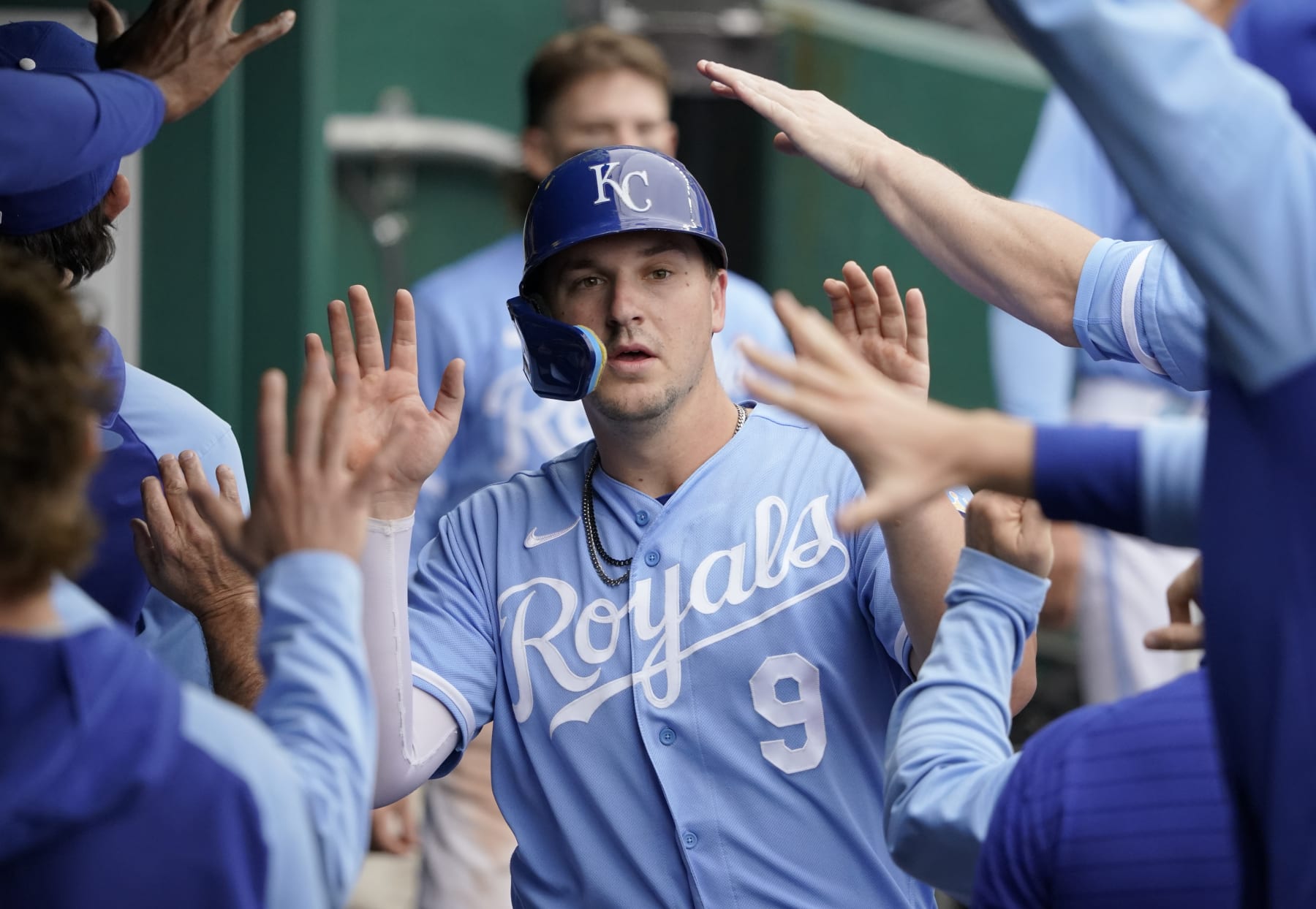 KANSAS CITY, MISSOURI - SEPTEMBER 22:  Vinnie Pasquantino #9 of the Kansas City Royals celebrates celebrates after scoring on a Nate Eaton double in the eighth inning against the Minnesota Twins at Kauffman Stadium on September 22, 2022 in Kansas City, Missouri. (Photo by Ed Zurga/Getty Images)