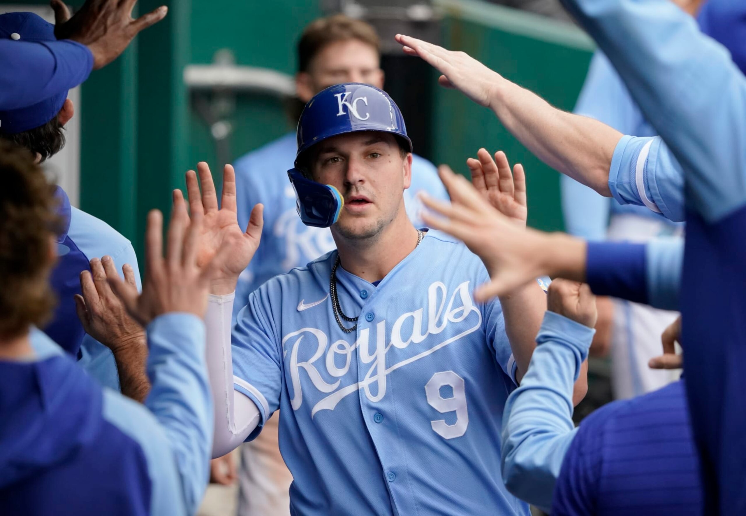 KANSAS CITY, MISSOURI - SEPTEMBER 22:  Vinnie Pasquantino #9 of the Kansas City Royals celebrates celebrates after scoring on a Nate Eaton double in the eighth inning against the Minnesota Twins at Kauffman Stadium on September 22, 2022 in Kansas City, Missouri. (Photo by Ed Zurga/Getty Images)