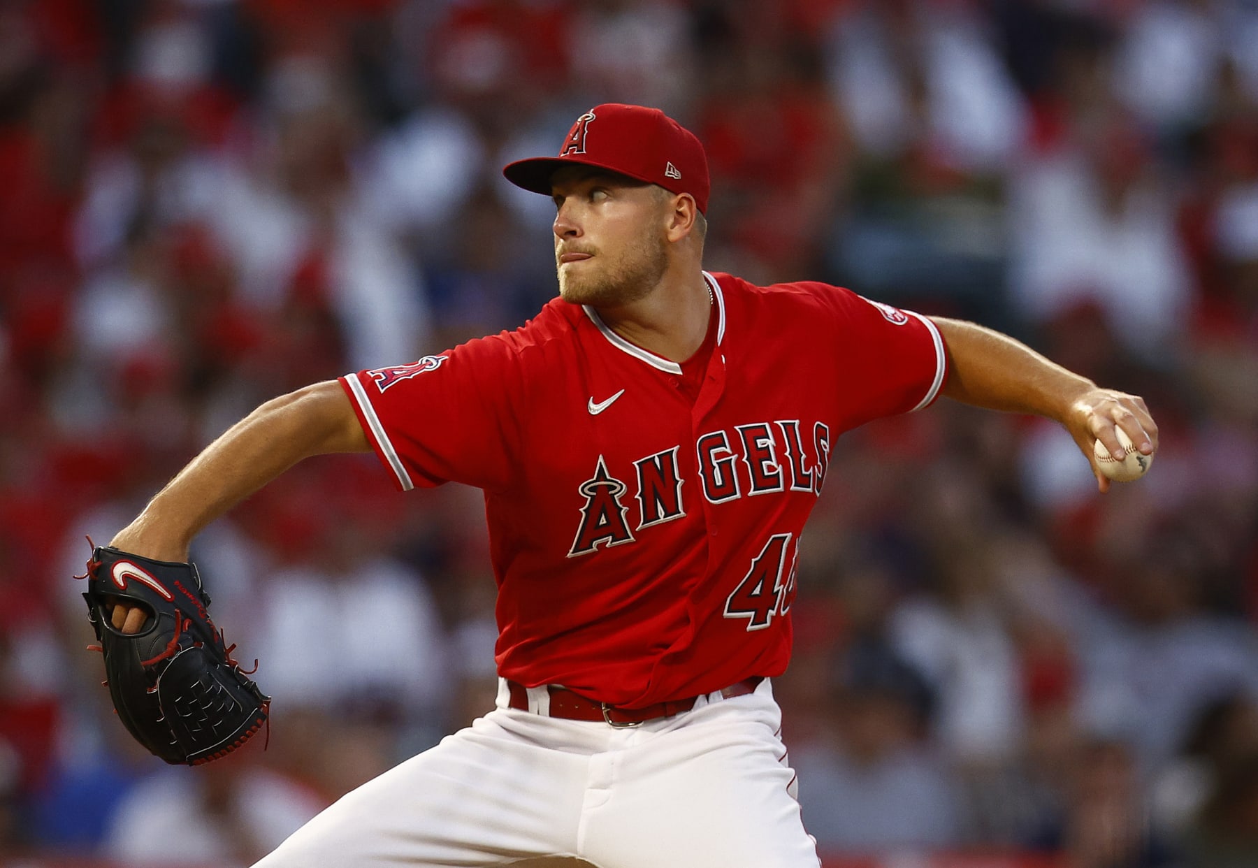ANAHEIM, CALIFORNIA - AUGUST 13:  Reid Detmers #48 of the Los Angeles Angels throws against the Minnesota Twins in the fifth inning at Angel Stadium of Anaheim on August 13, 2022 in Anaheim, California. (Photo by Ronald Martinez/Getty Images)