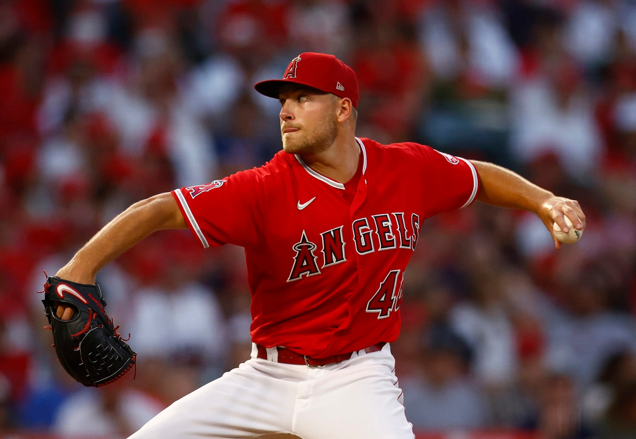 ANAHEIM, CALIFORNIA - AUGUST 13:  Reid Detmers #48 of the Los Angeles Angels throws against the Minnesota Twins in the fifth inning at Angel Stadium of Anaheim on August 13, 2022 in Anaheim, California. (Photo by Ronald Martinez/Getty Images)