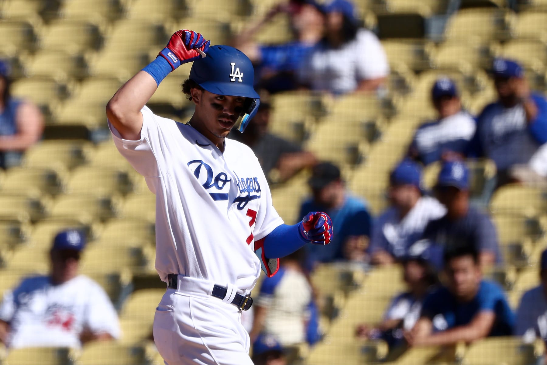 LOS ANGELES, CALIFORNIA - SEPTEMBER 20: Miguel Vargas #71 of the Los Angeles Dodgers reacts after hitting a single during the eighth inning against the Arizona Diamondbacks in game one of a doubleheader at Dodger Stadium on September 20, 2022 in Los Angeles, California. (Photo by Katelyn Mulcahy/Getty Images)