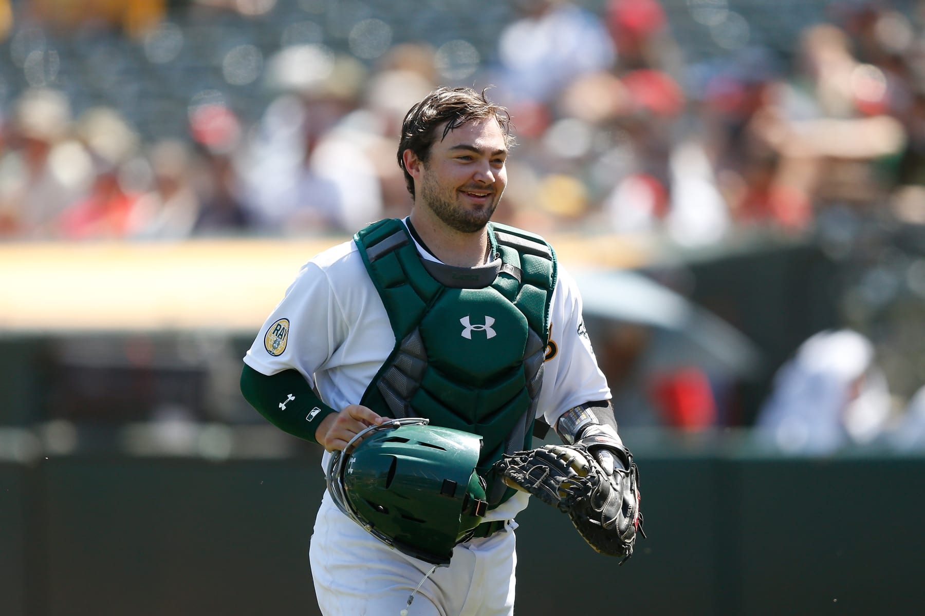 OAKLAND, CALIFORNIA - SEPTEMBER 07: Catcher Shea Langeliers #23 of the Oakland Athletics looks on during the game against the Atlanta Braves at RingCentral Coliseum on September 07, 2022 in Oakland, California. (Photo by Lachlan Cunningham/Getty Images)