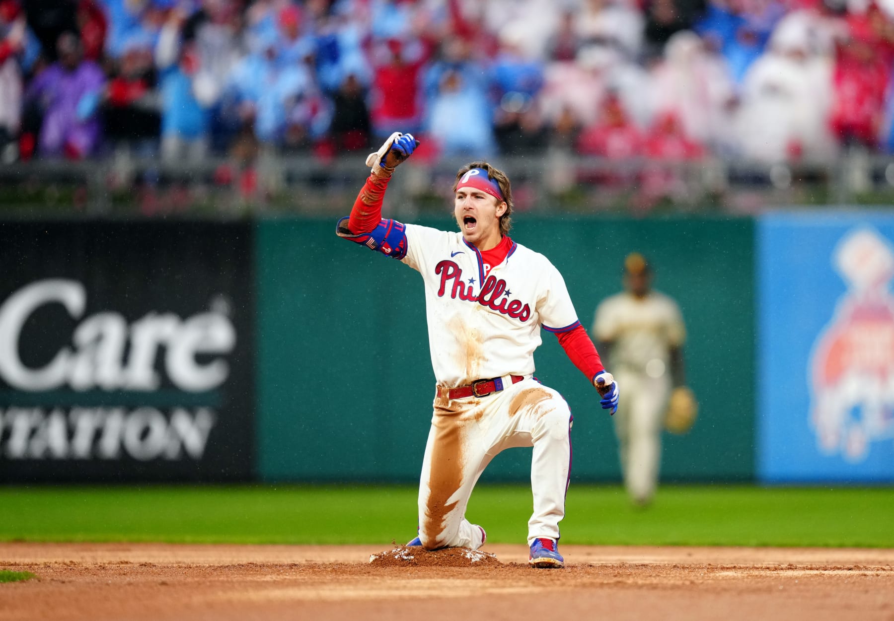 PHILADELPHIA, PA - OCTOBER 23: Bryson Stott #5 of the Philadelphia Phillies reacts after hitting a double in the seventh inning of Game 5 of the NLCS between the San Diego Padres and the Philadelphia Phillies at Citizens Bank Park on Sunday, October 23, 2022 in Philadelphia, Pennsylvania. (Photo by Daniel Shirey/MLB Photos via Getty Images)