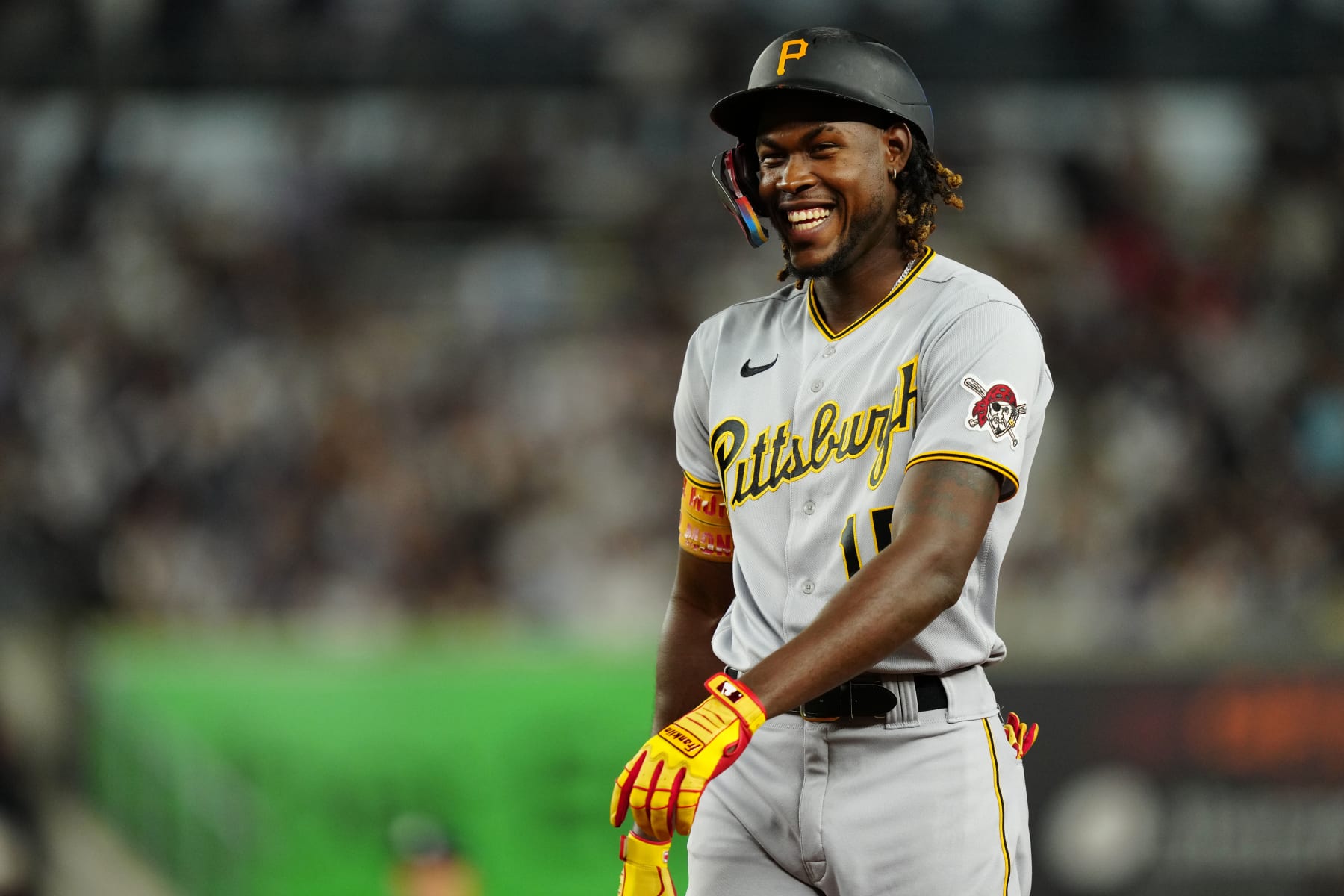 NEW YORK, NY - SEPTEMBER 20: Oneil Cruz #15 of the Pittsburgh Pirates looks on during the game between the Pittsburgh Pirates and the New York Yankees at Yankee Stadium on Tuesday, September 20, 2022 in New York, New York. (Photo by Daniel Shirey/MLB Photos via Getty Images)