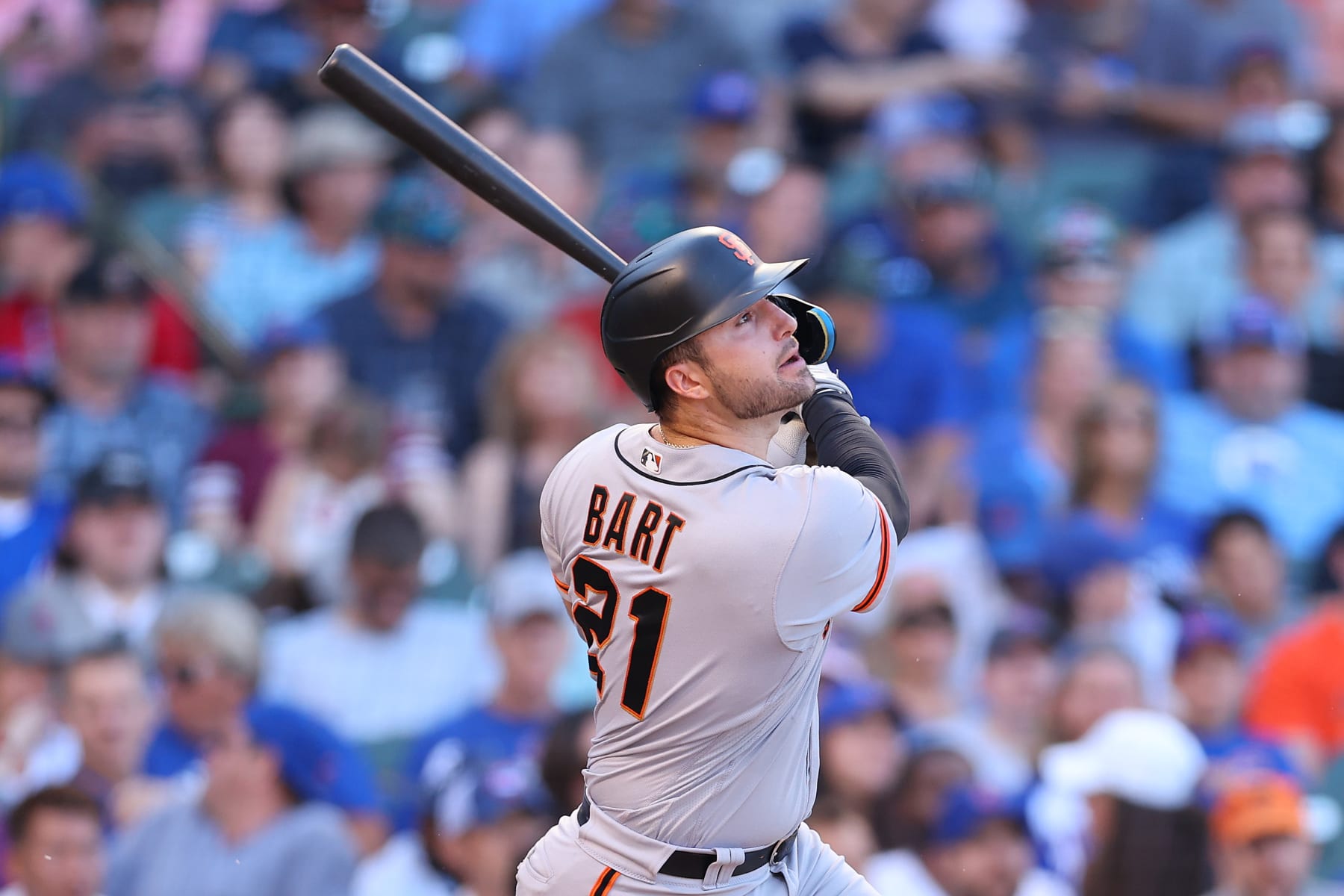 CHICAGO, ILLINOIS - SEPTEMBER 09: Joey Bart #21 of the San Francisco Giants at bat against the Chicago Cubs at Wrigley Field on September 09, 2022 in Chicago, Illinois. (Photo by Michael Reaves/Getty Images)