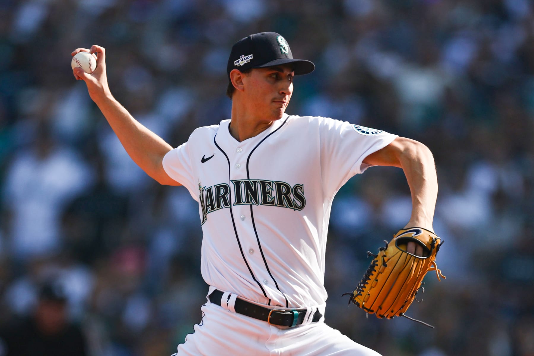 SEATTLE, WASHINGTON - OCTOBER 15: George Kirby #68 of the Seattle Mariners delivers during the first inning against the Houston Astros in game three of the American League Division Series at T-Mobile Park on October 15, 2022 in Seattle, Washington. (Photo by Rob Carr/Getty Images)
