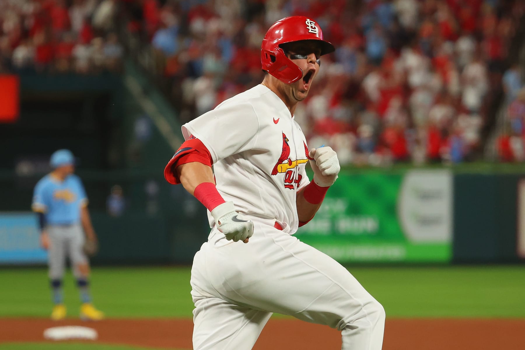 ST LOUIS, MO - SEPTEMBER 14: Lars Nootbaar #21 of the St. Louis Cardinals celebrates after hitting a home run against the Milwaukee Brewers in the fifth inning at Busch Stadium on September 14, 2022 in St Louis, Missouri. (Photo by Dilip Vishwanat/Getty Images)