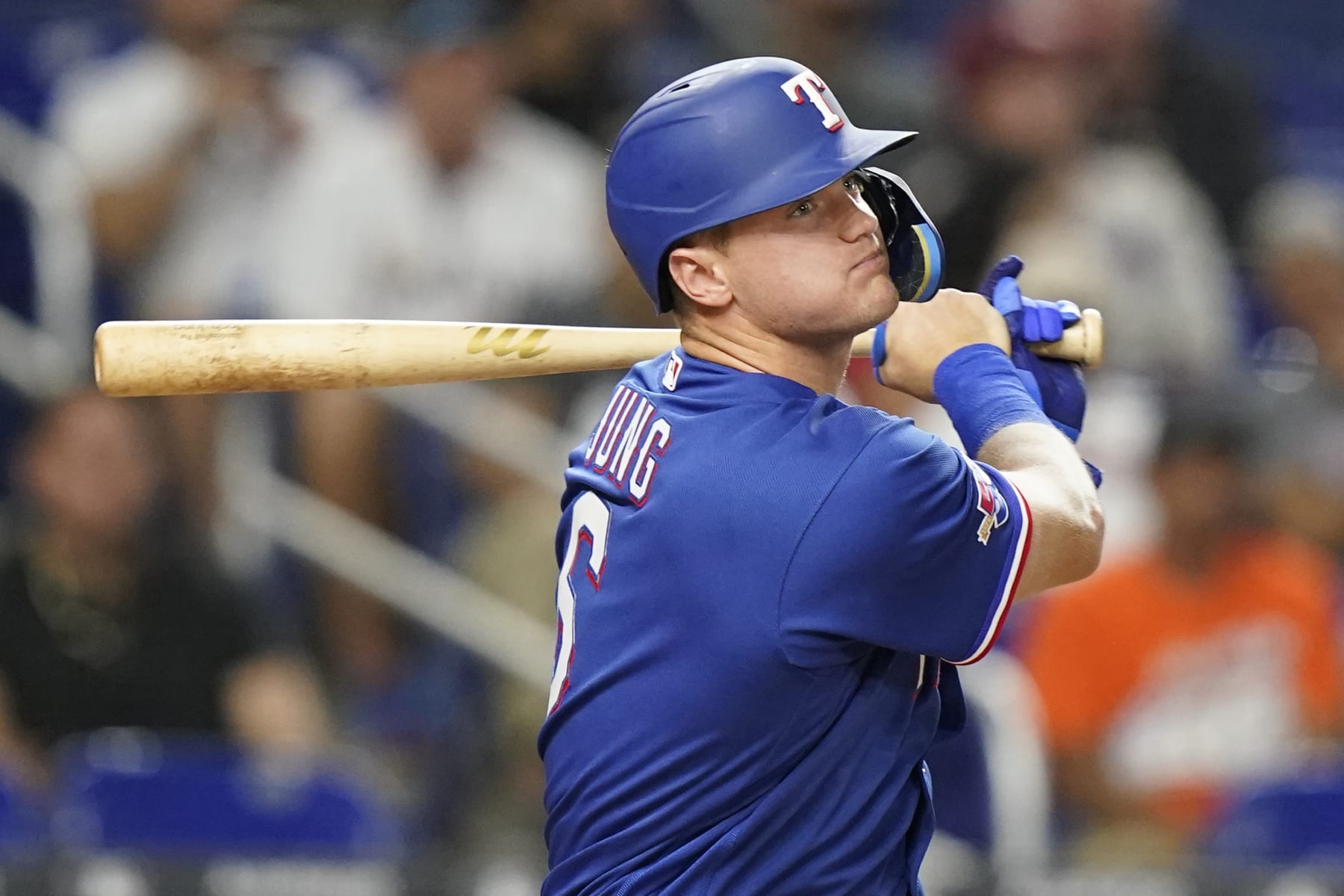 Texas Rangers' Josh Jung bats during Game 2 of a doubleheader baseball game against the Miami Marlins, Monday, Sept. 12, 2022, in Miami. (AP Photo/Lynne Sladky)