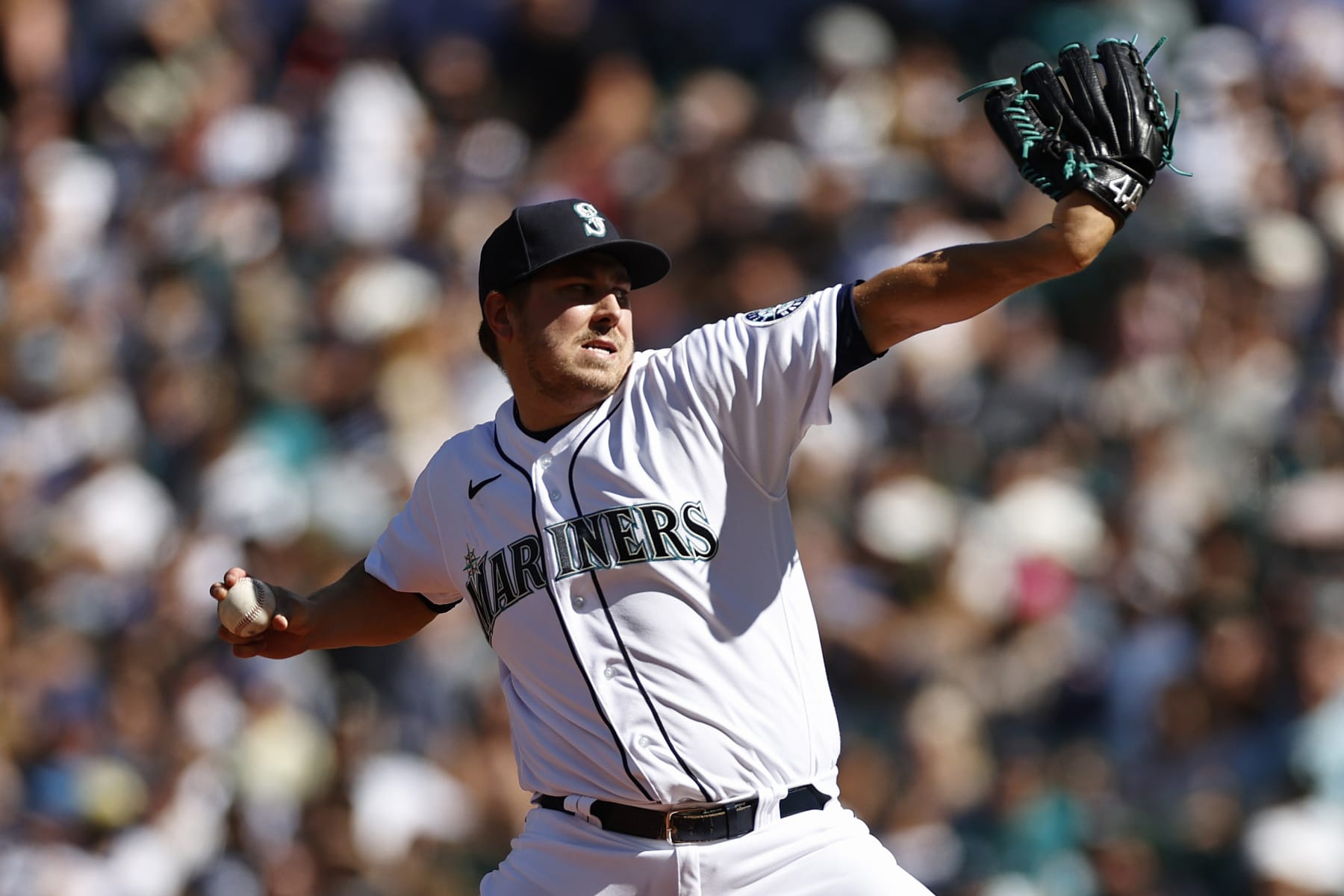 SEATTLE, WASHINGTON - AUGUST 06: Erik Swanson #50 of the Seattle Mariners pitches during the ninth inning against the Los Angeles Angels at T-Mobile Park on August 06, 2022 in Seattle, Washington. (Photo by Steph Chambers/Getty Images)
