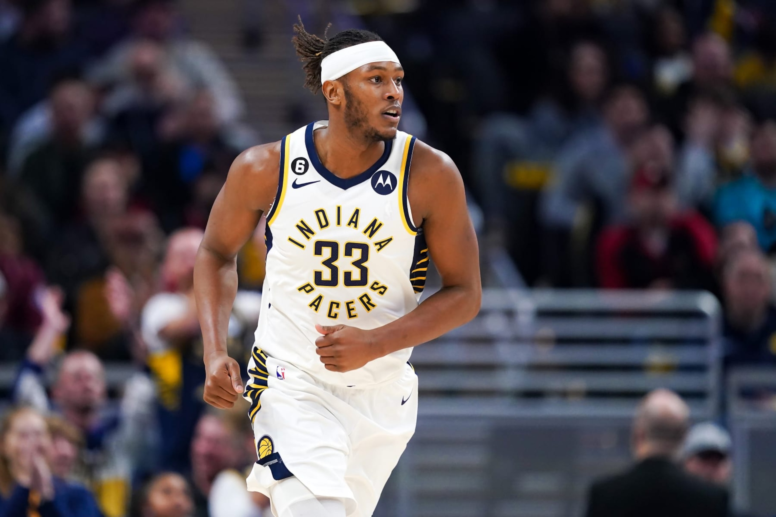 INDIANAPOLIS, INDIANA - DECEMBER 29: Myles Turner #33 of the Indiana Pacers jogs across the court in the first quarter against the Cleveland Cavaliers at Gainbridge Fieldhouse on December 29, 2022 in Indianapolis, Indiana. NOTE TO USER: User expressly acknowledges and agrees that, by downloading and or using this photograph, User is consenting to the terms and conditions of the Getty Images License Agreement. (Photo by Dylan Buell/Getty Images) INDIANAPOLIS, INDIANA - DECEMBER 29: Myles Turner #33 of the Indiana Pacers jogs across the court in the first quarter against the Cleveland Cavaliers at Gainbridge Fieldhouse on December 29, 2022 in Indianapolis, Indiana. NOTE TO USER: User expressly acknowledges and agrees that, by downloading and or using this photograph, User is consenting to the terms and conditions of the Getty Images License Agreement. (Photo by Dylan Buell/Getty Images)