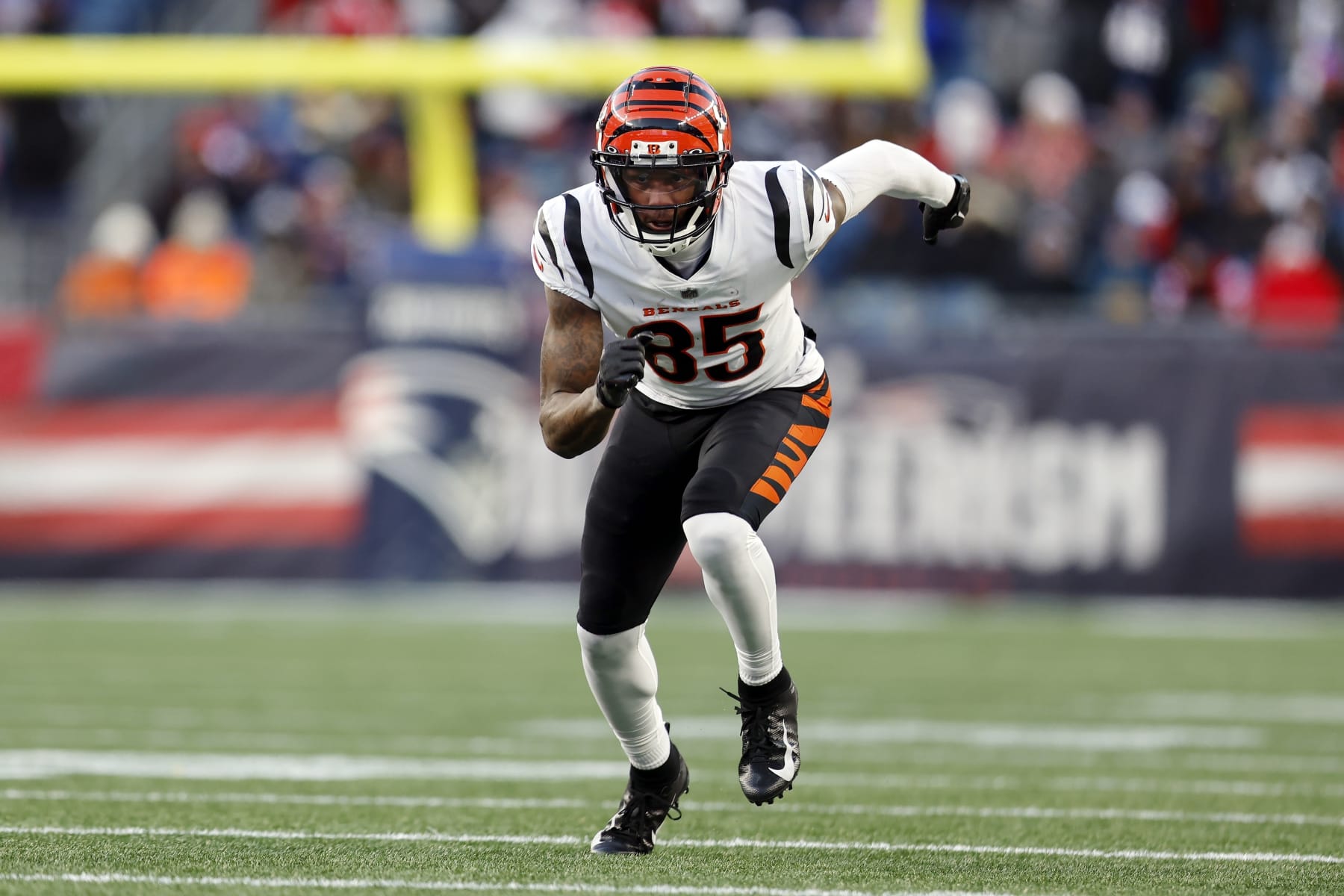 Cincinnati Bengals wide receiver Tee Higgins plays against the New England Patriots during the second half of an NFL football game, Saturday, Dec. 24, 2022, in Foxborough, Mass. (AP Photo/Michael Dwyer)
