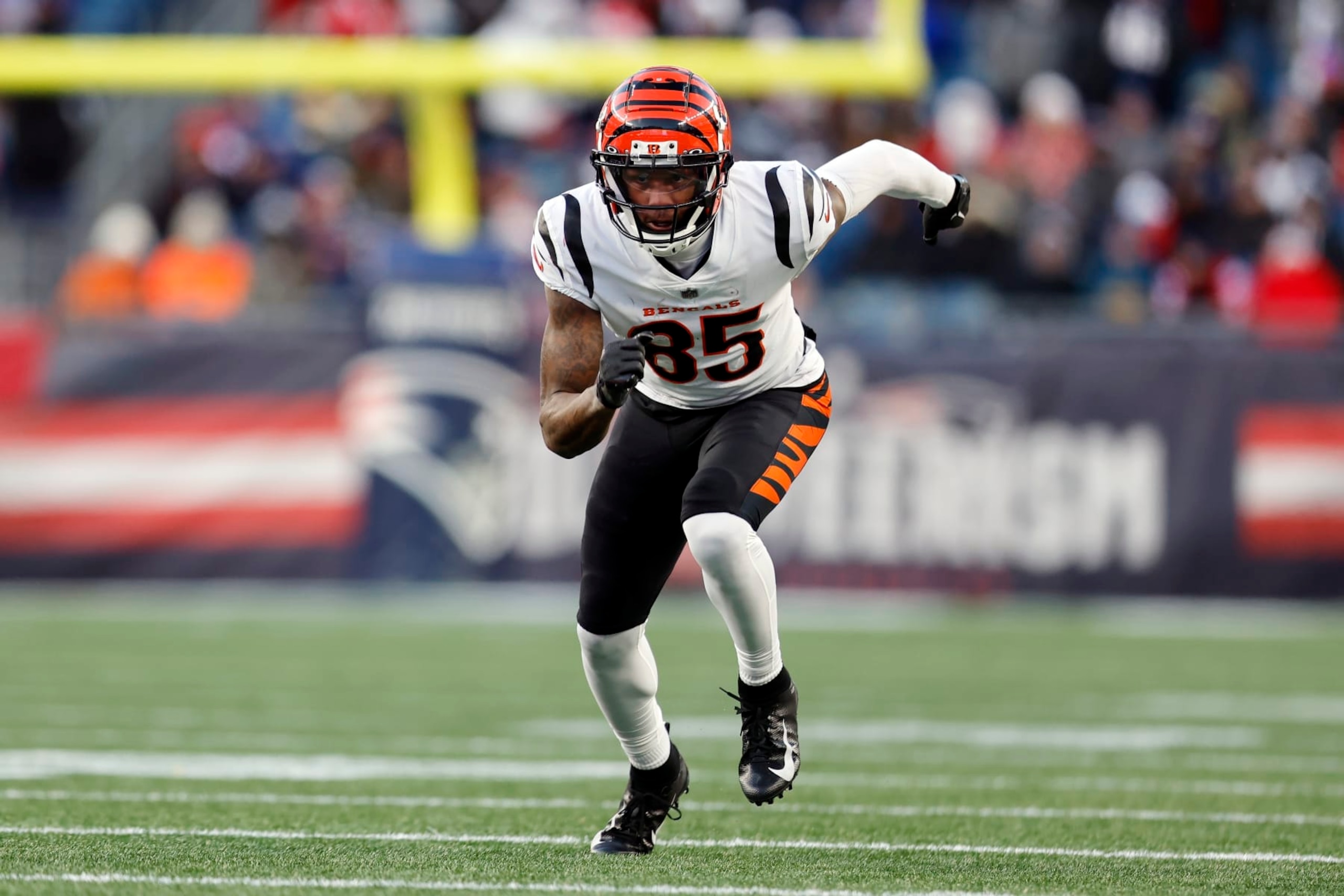 Cincinnati Bengals wide receiver Tee Higgins plays against the New England Patriots during the second half of an NFL football game, Saturday, Dec. 24, 2022, in Foxborough, Mass. (AP Photo/Michael Dwyer) Cincinnati Bengals wide receiver Tee Higgins plays against the New England Patriots during the second half of an NFL football game, Saturday, Dec. 24, 2022, in Foxborough, Mass. (AP Photo/Michael Dwyer)